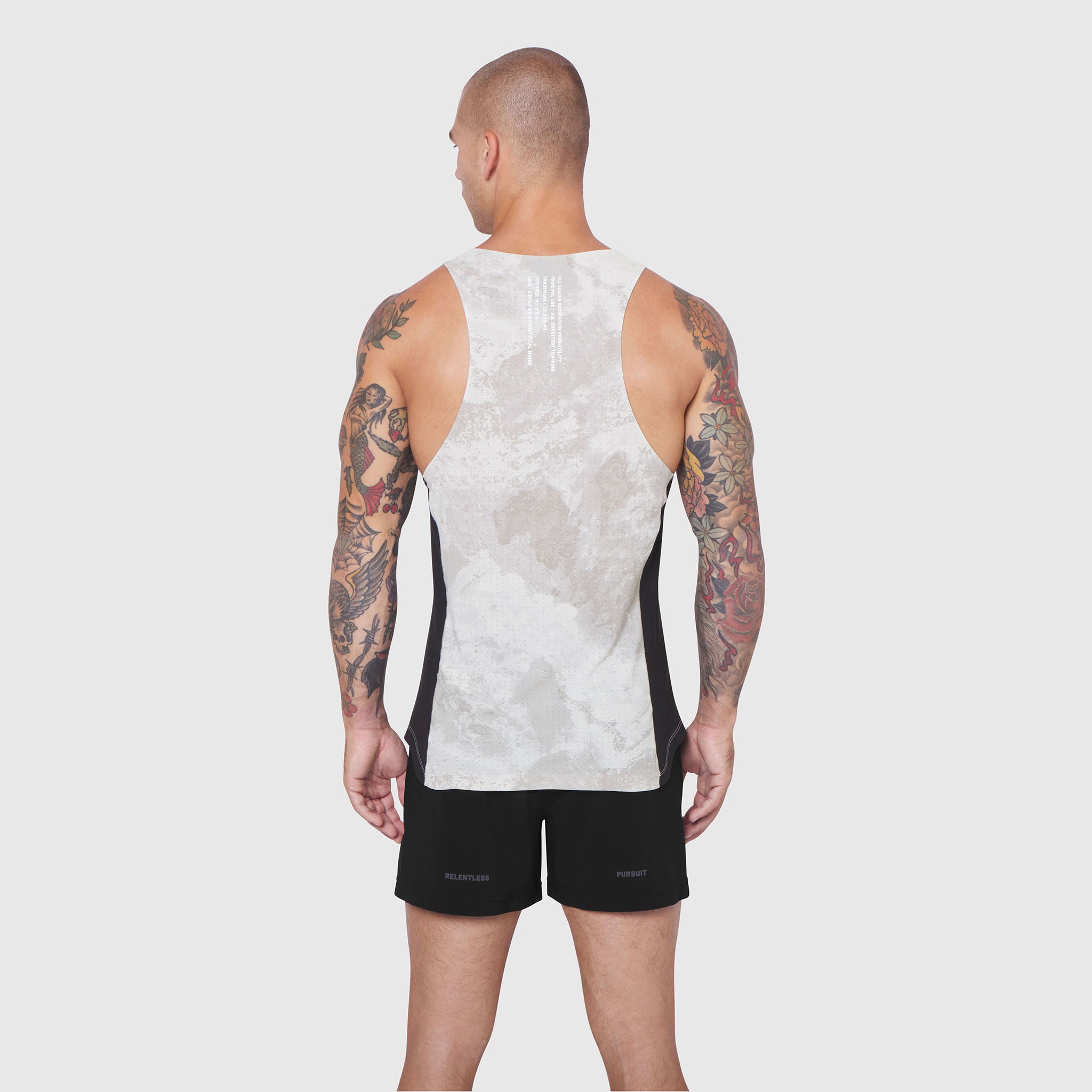 Laser-Vent Singlet Tank in white camo with black side panels, back view on model