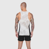 Laser-Vent Singlet Tank in white camo with black side panels, back view on model