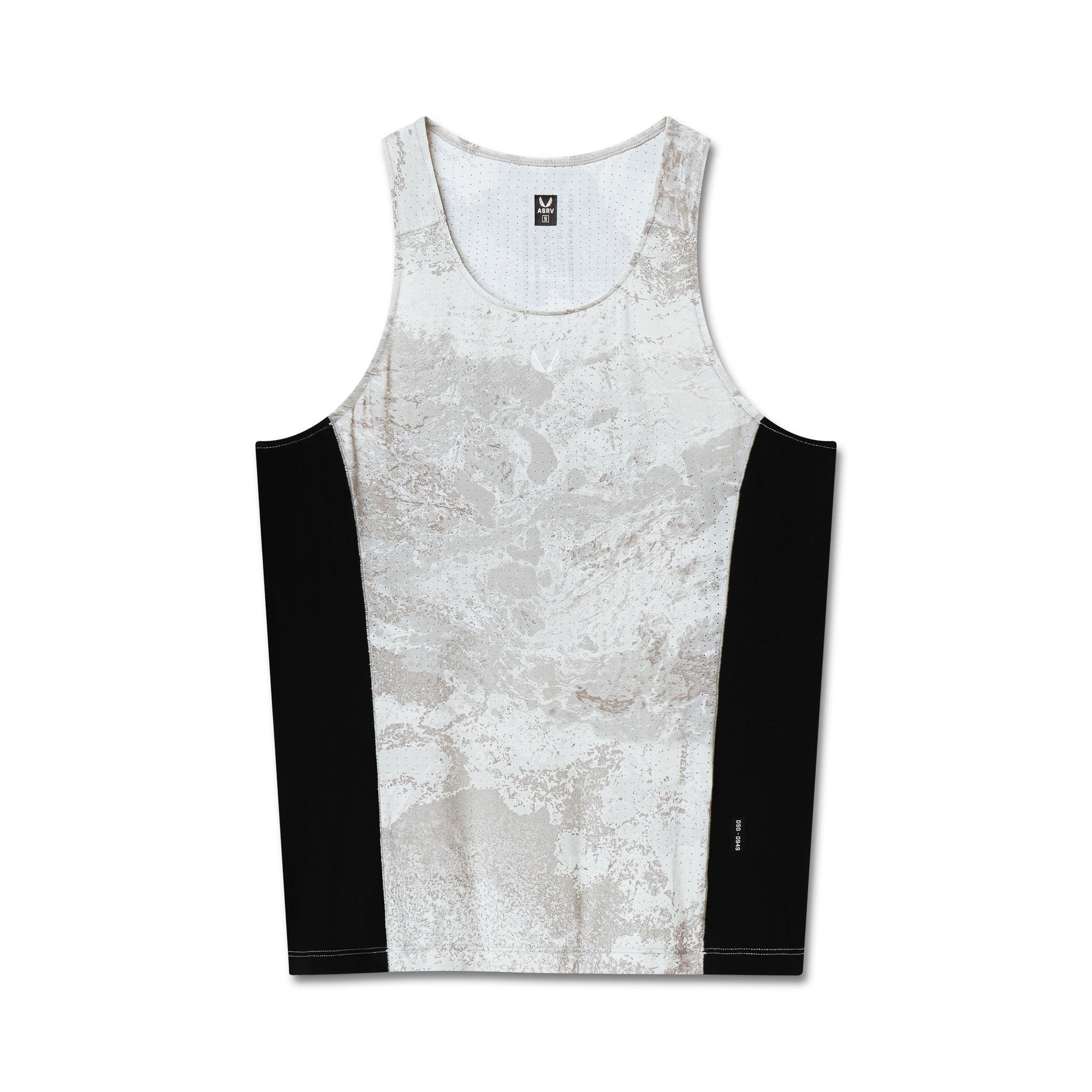 flatlay of Laser-Vent Singlet Tank in white marble with black side panels, front view