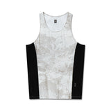 flatlay of Laser-Vent Singlet Tank in white marble with black side panels, front view