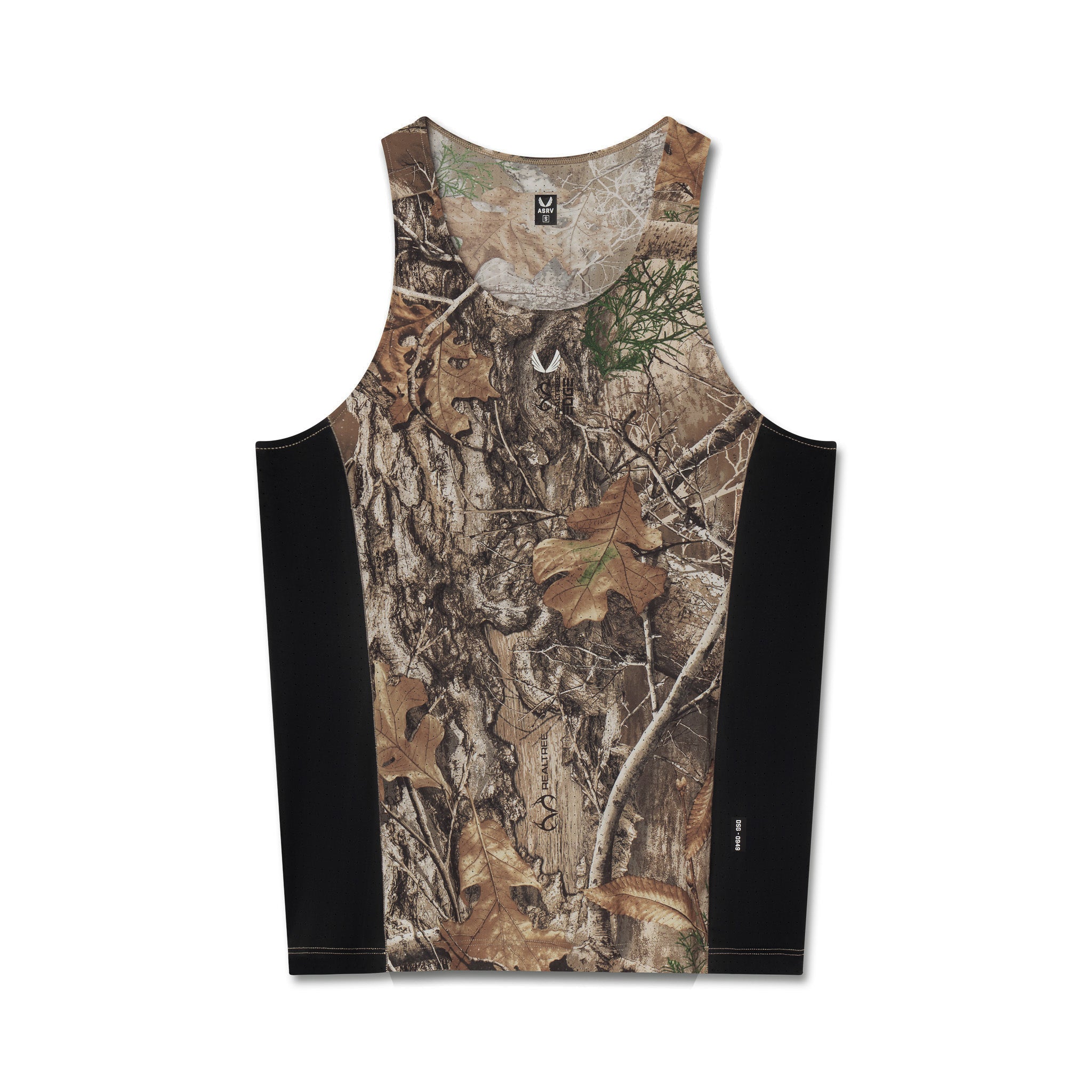 Flatlay of Laser-Vent Singlet Tank in Realtree Edge camo with black sides, front view