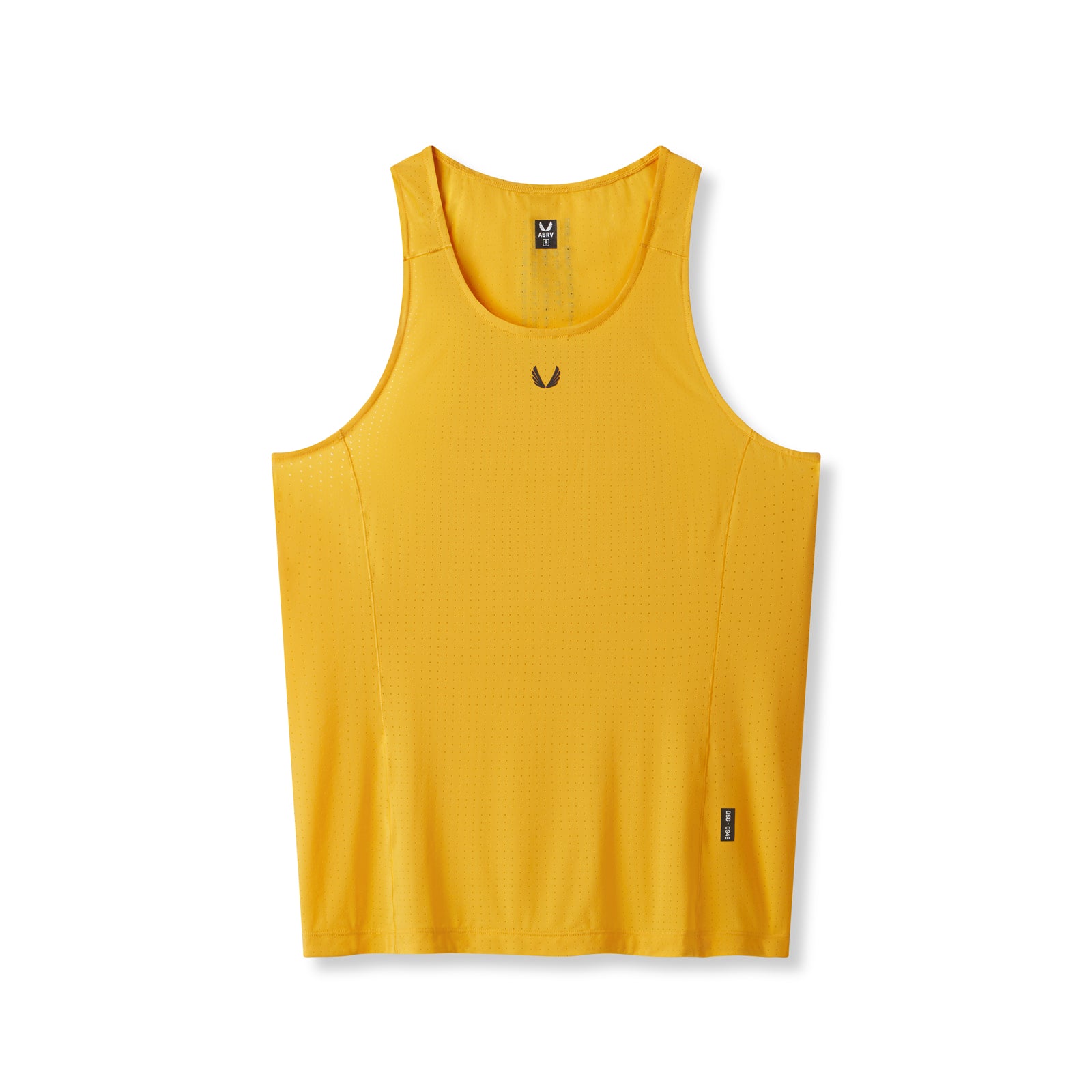 Flatlay of Laser-Vent™ Singlet Tank in amber yellow, front view on white background