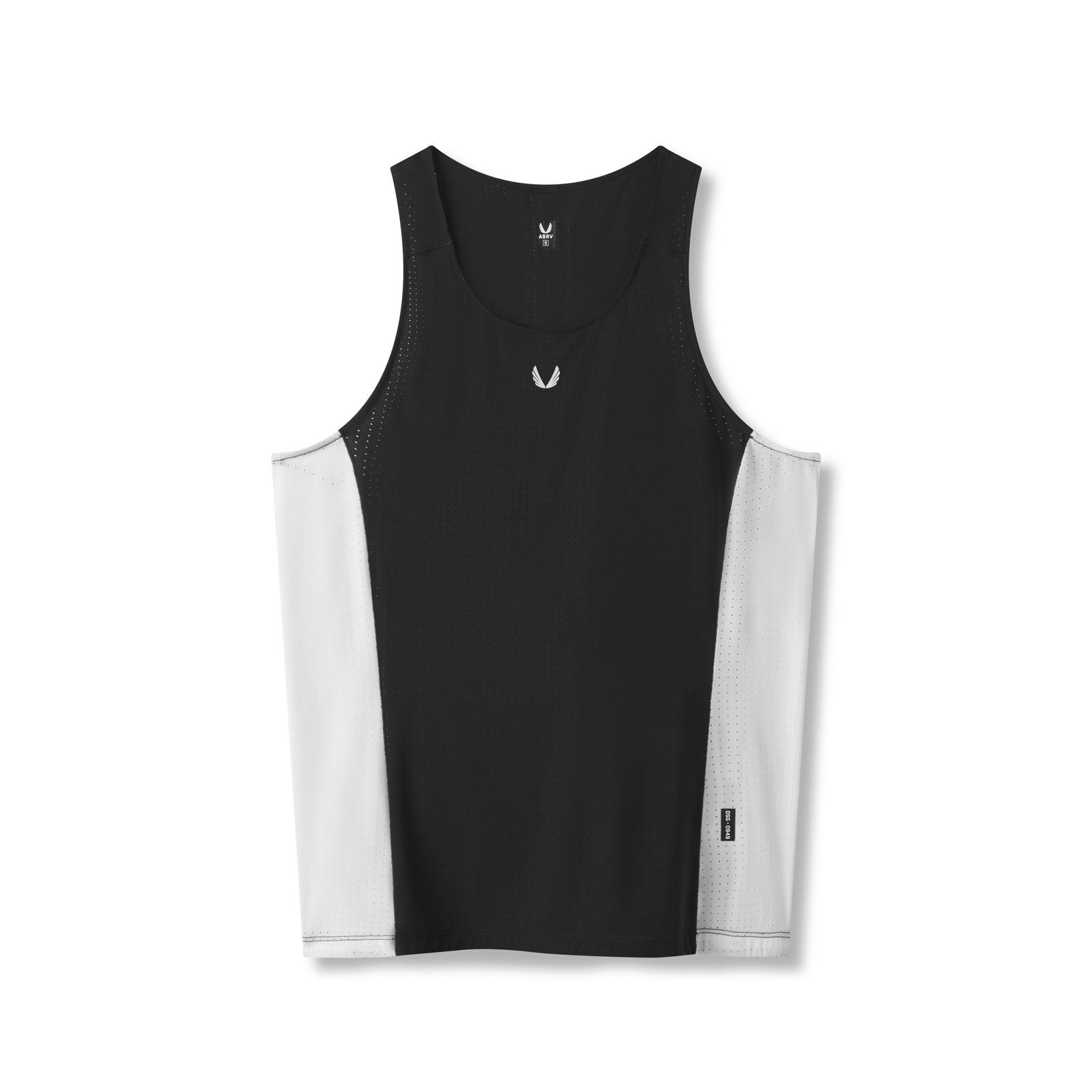 flatlay Laser-Vent Singlet Tank in black and white, front view