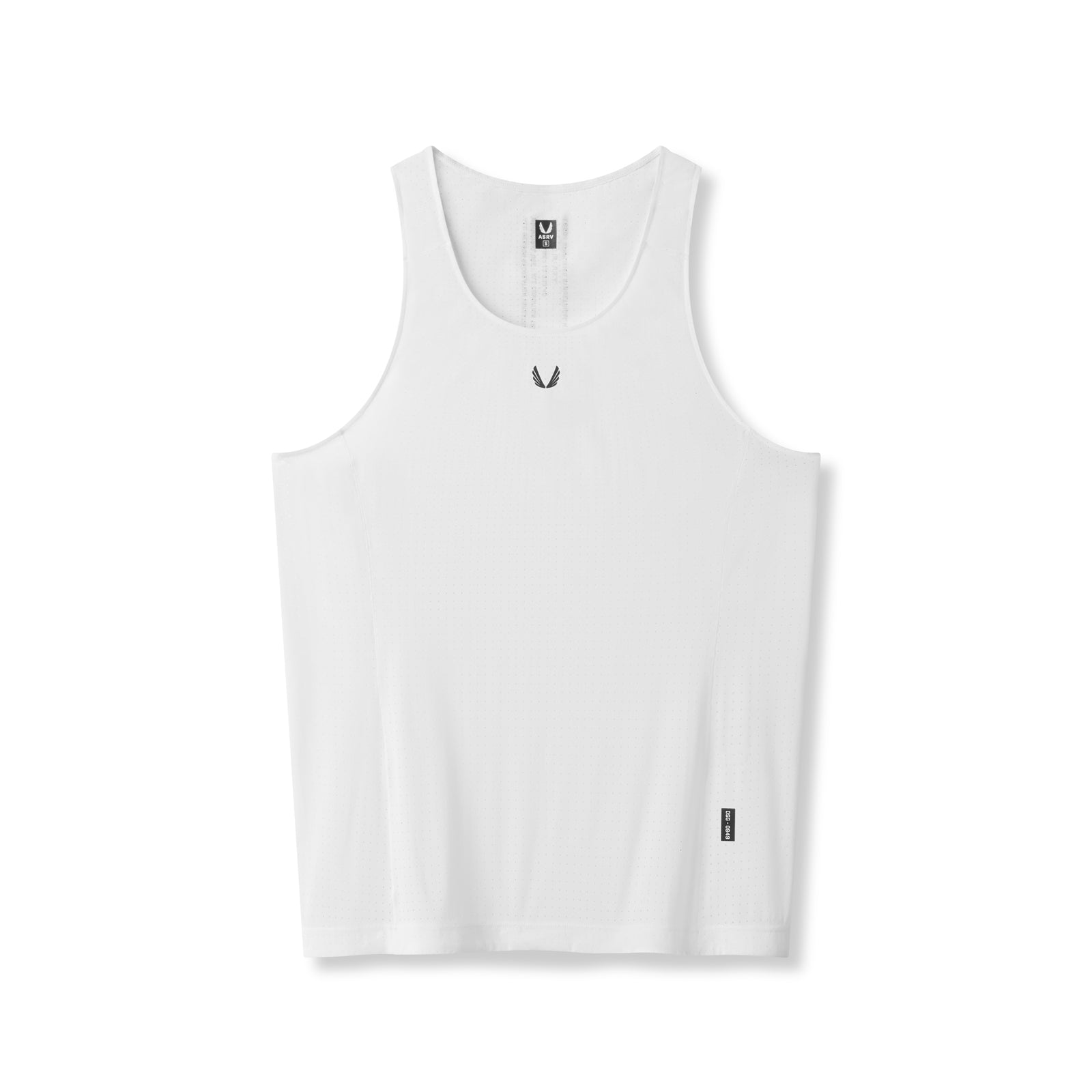 Flatlay of white Laser-Vent Singlet Tank with small logo details, front view