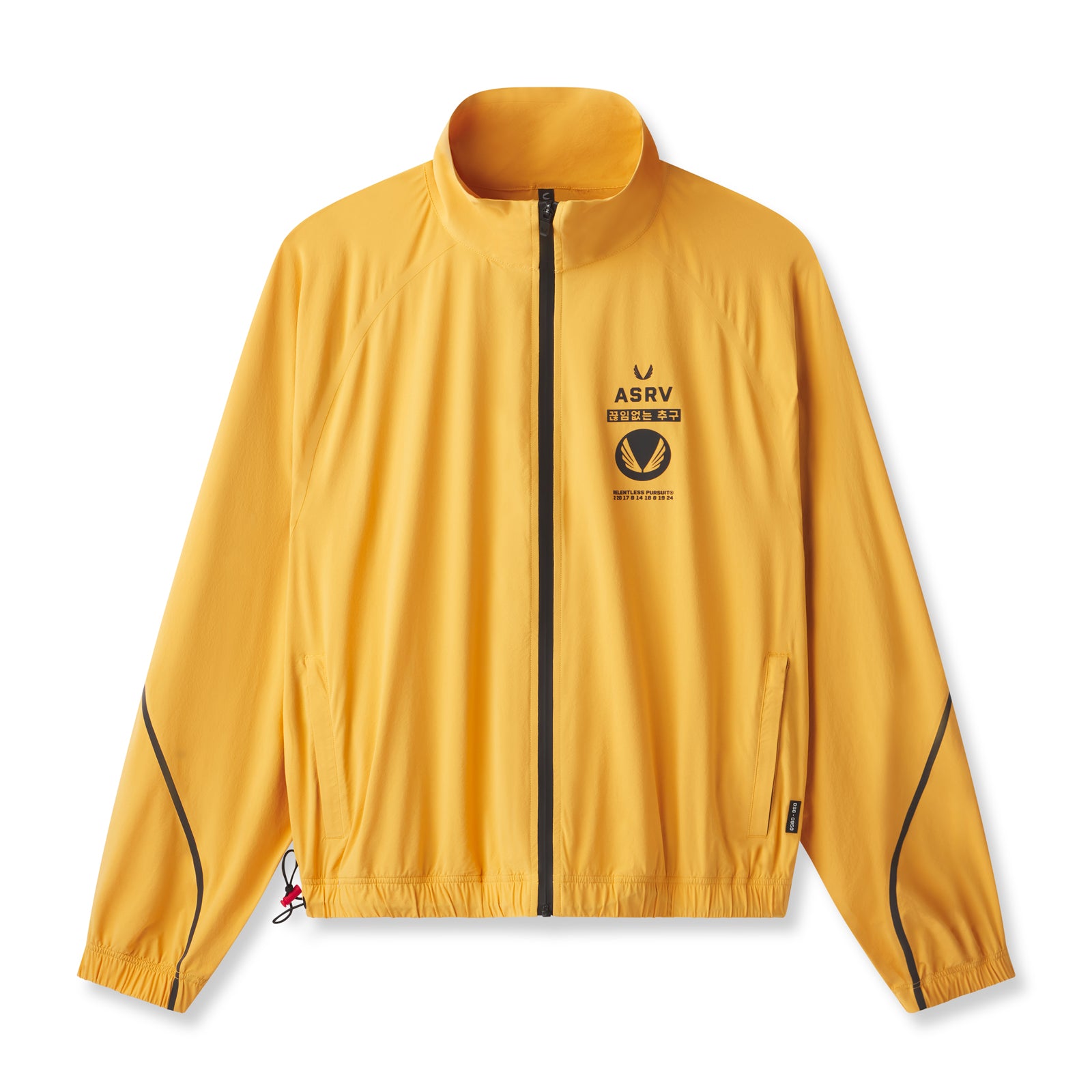 flatlay Aerotex™ Track Jacket in amber yellow with black trim, front view on display form