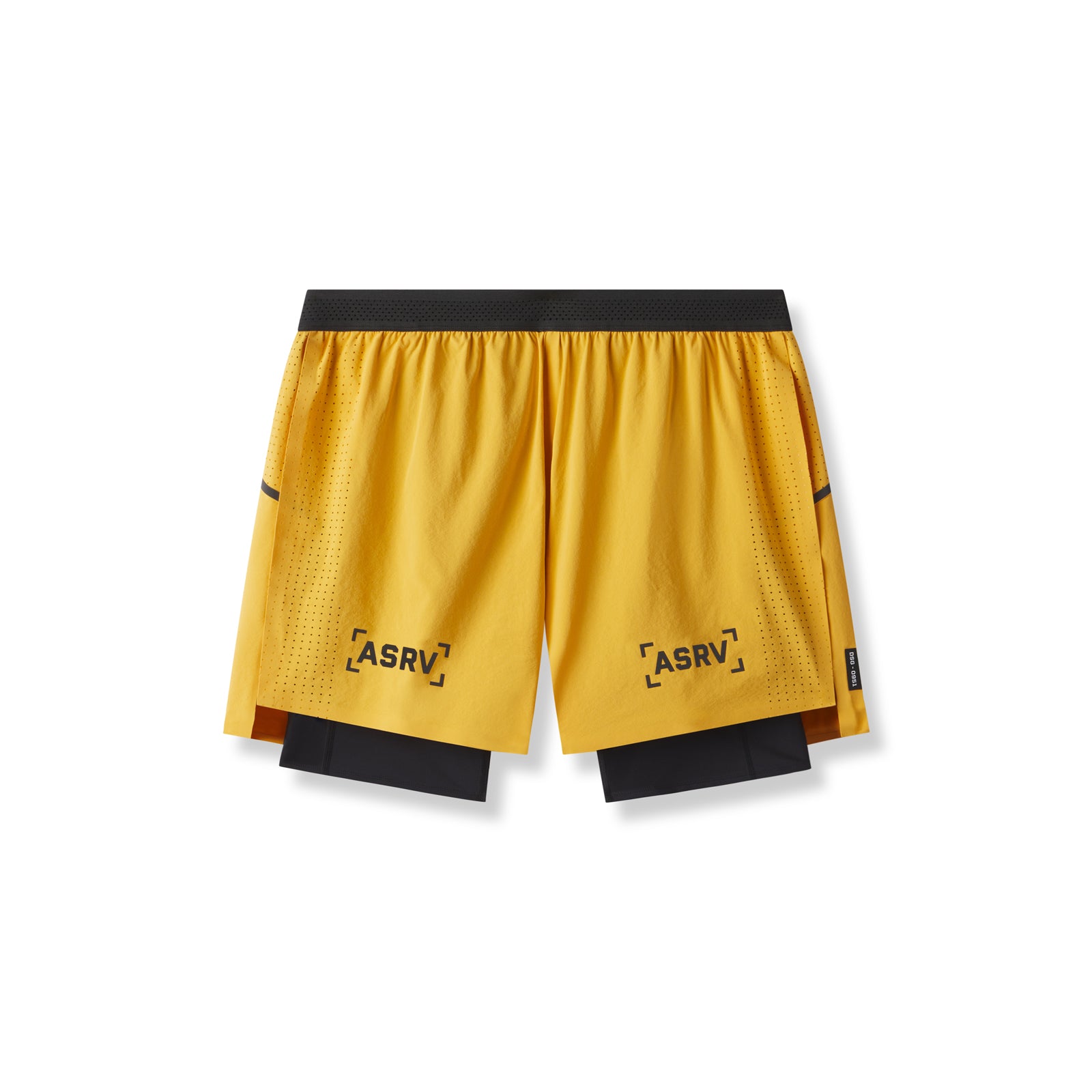 flatlay Aerotex 4" High Split Liner Short in amber and black, front view