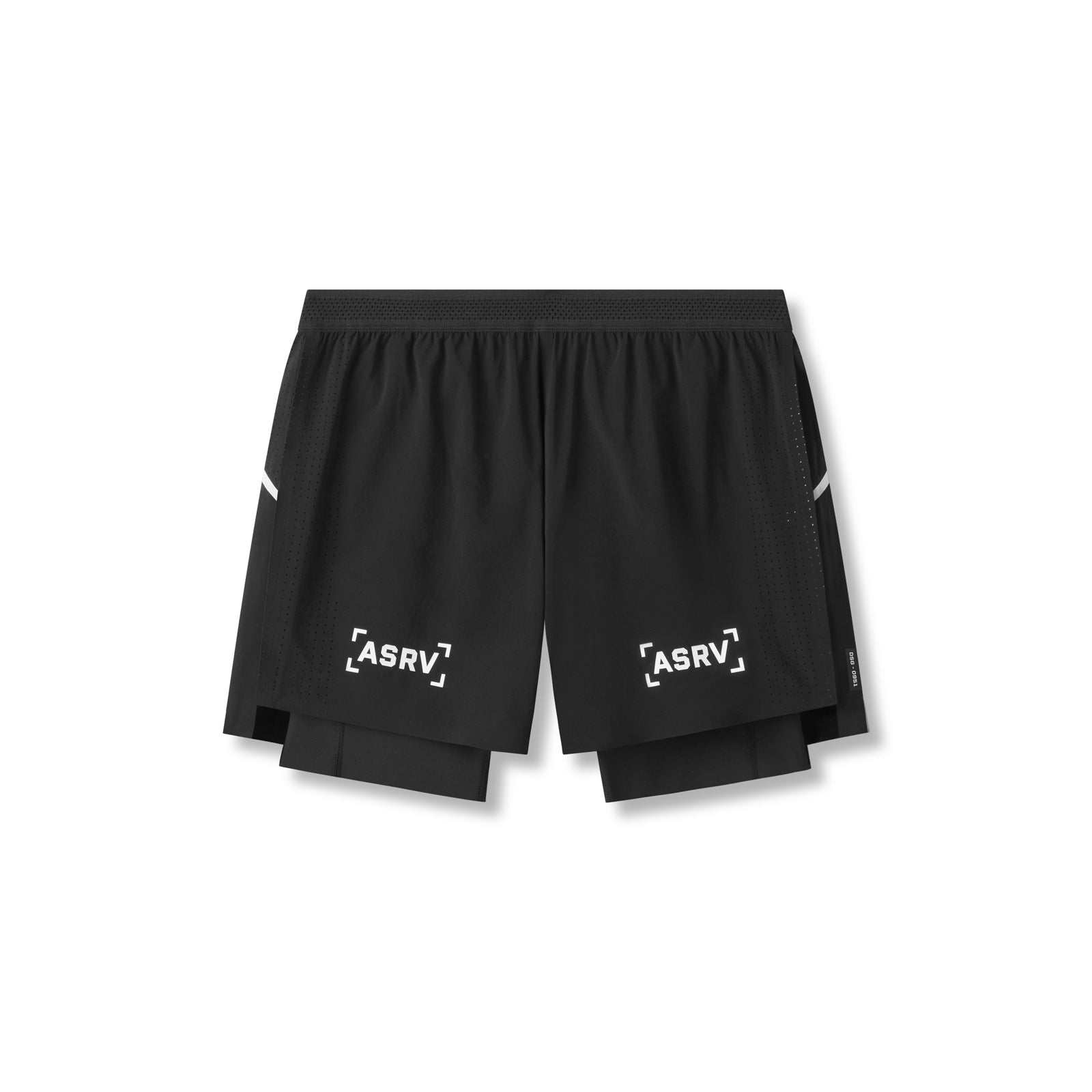 flatlay Aerotex 4" High Split Liner Short in black with white accents, front view
