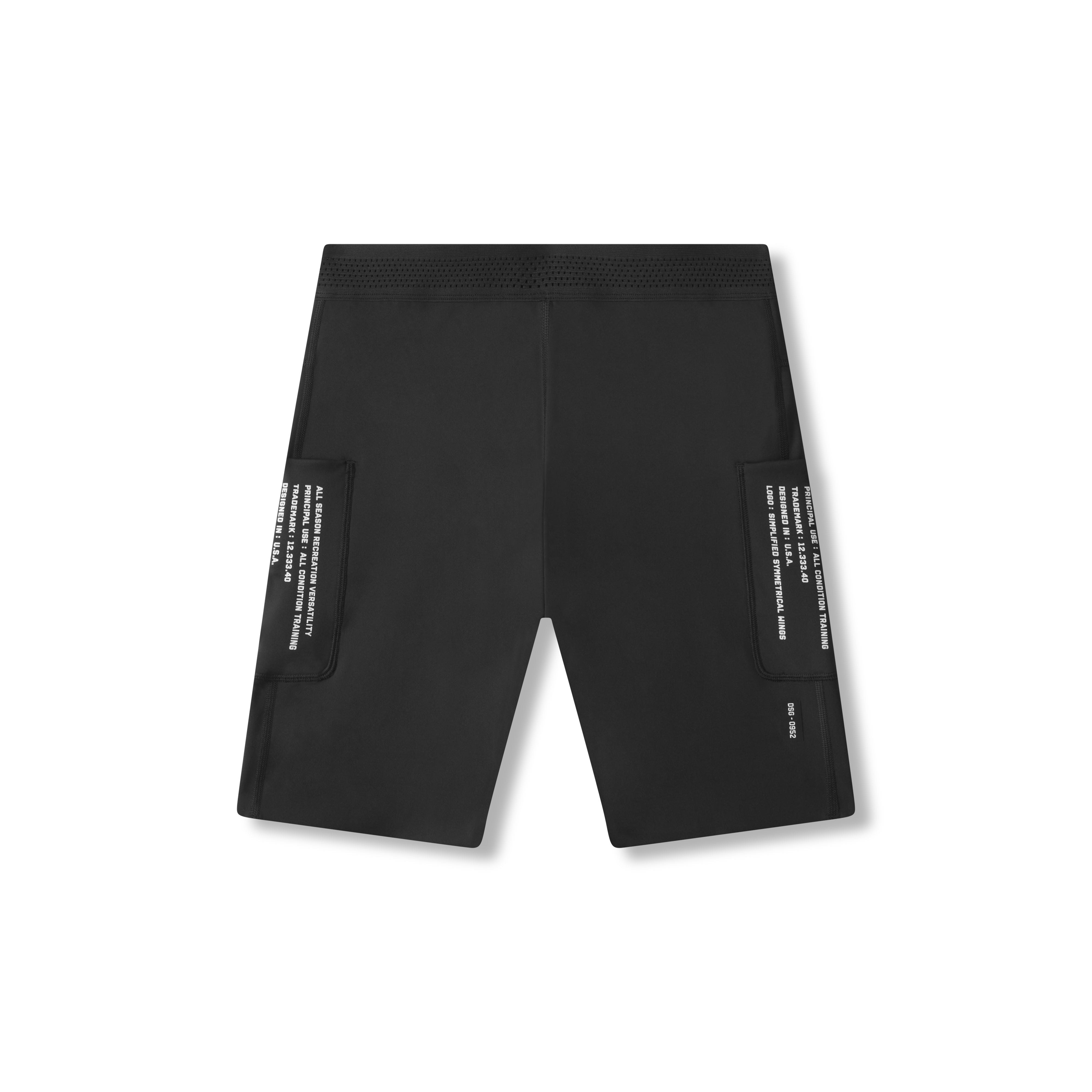 flatlay WarpFlexx® Utility Speed Short in black with cargo pockets, front view