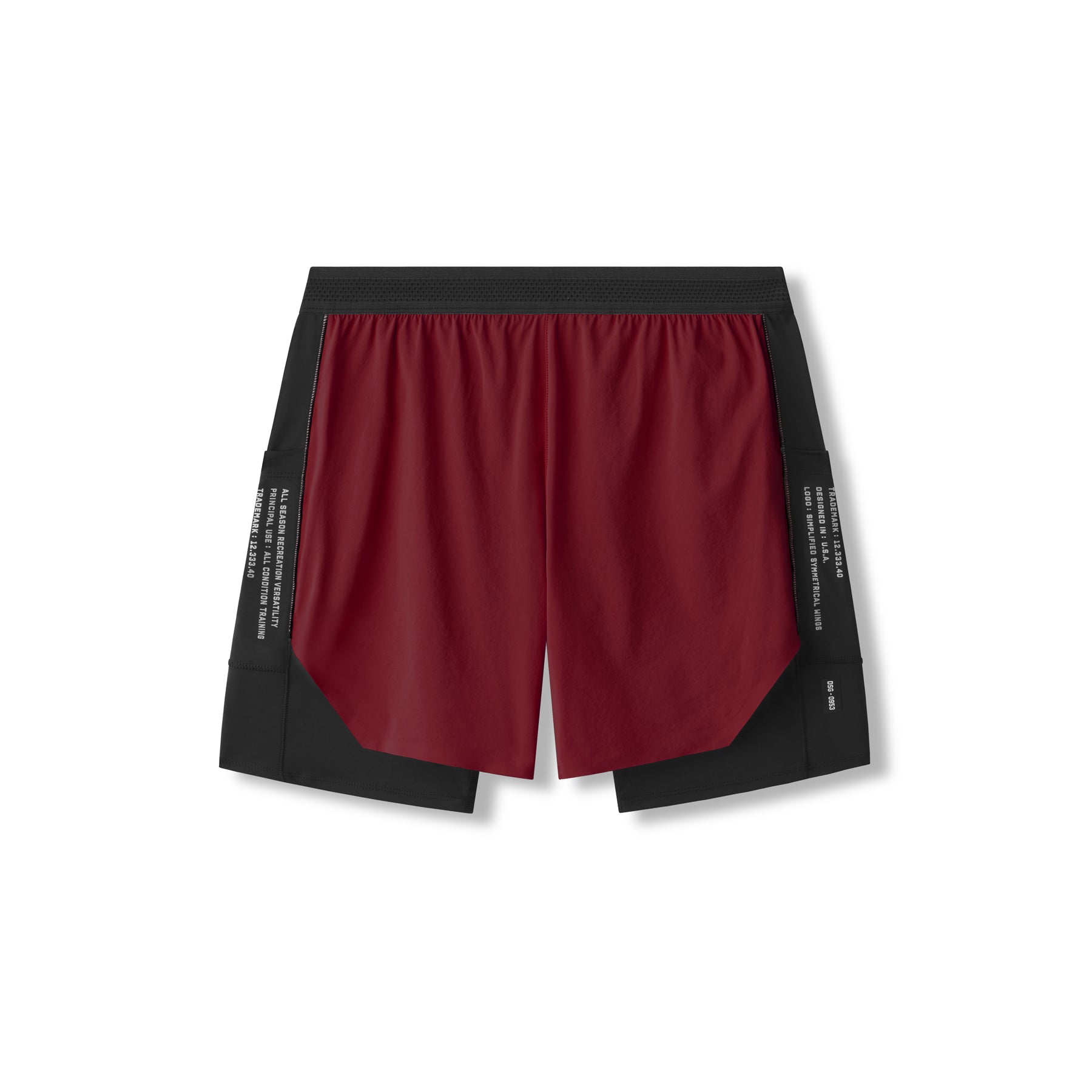 flatlay Aerotex Hybrid Liner Short in crimson and black, front view