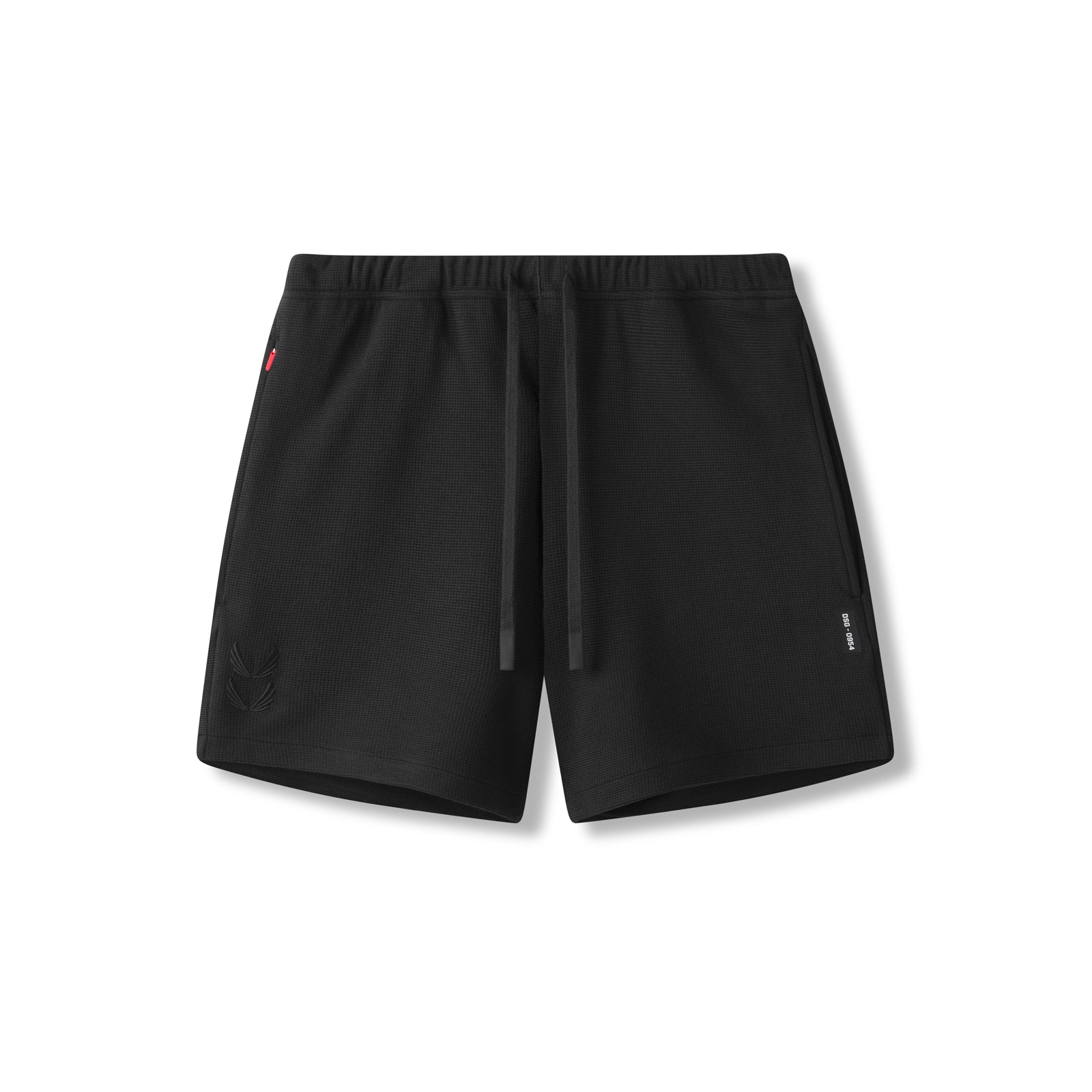 flatlay of black waffle knit sweat shorts on white background, front view