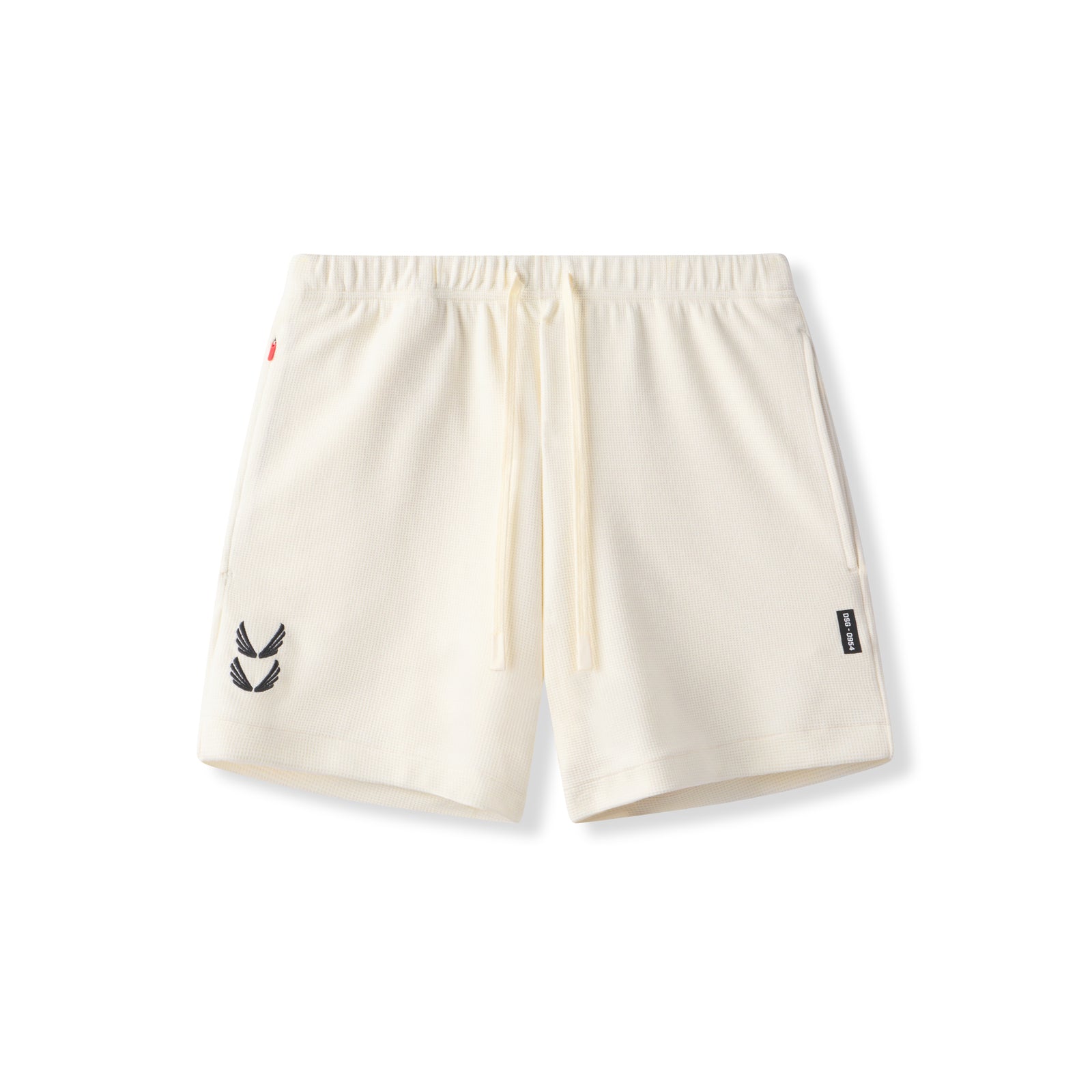 flatlay of cream waffle knit sweat shorts with drawstring waist and logo detail, front view