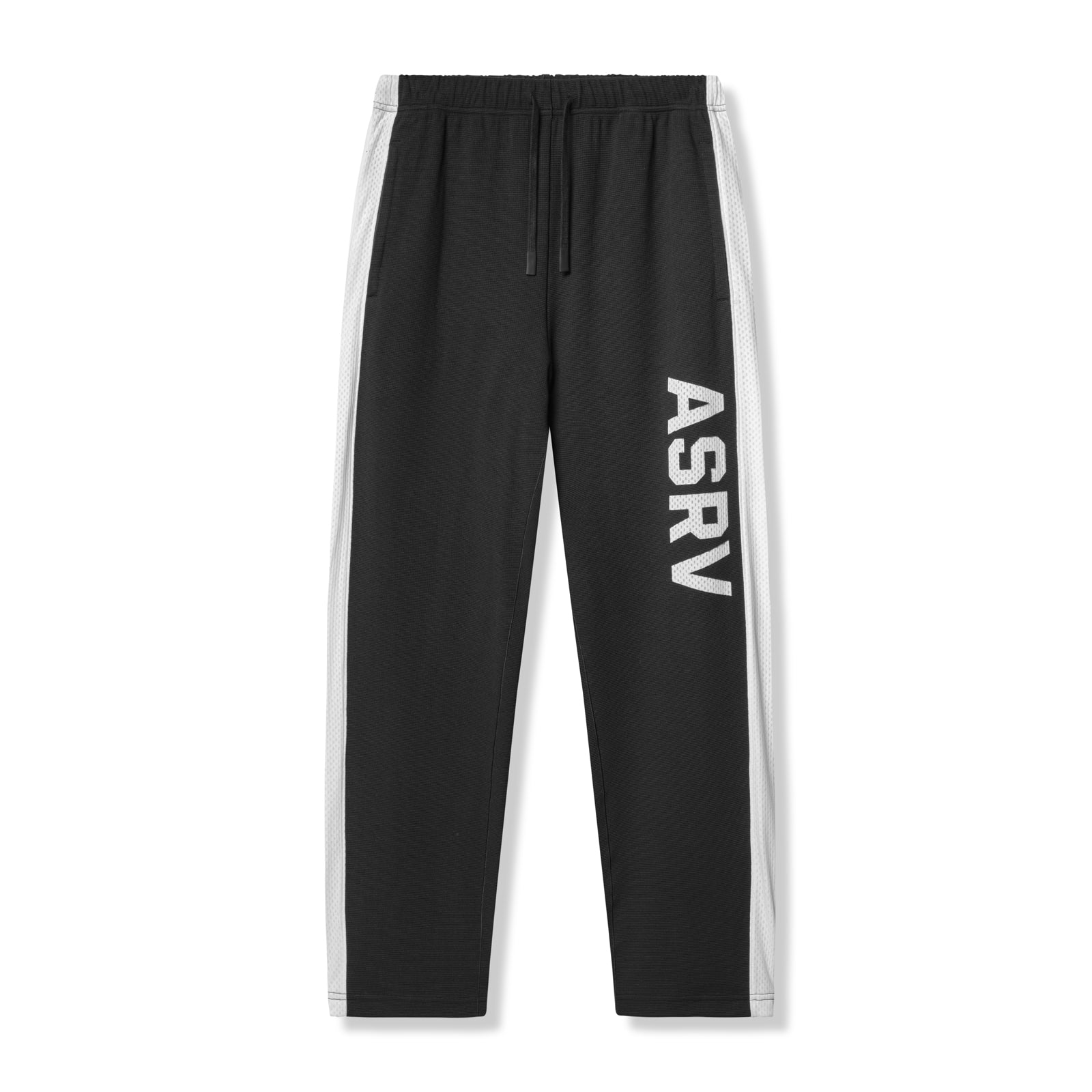 Flatlay of ASRV Waffle Knit Relaxed Sweatpant in black and white, front view