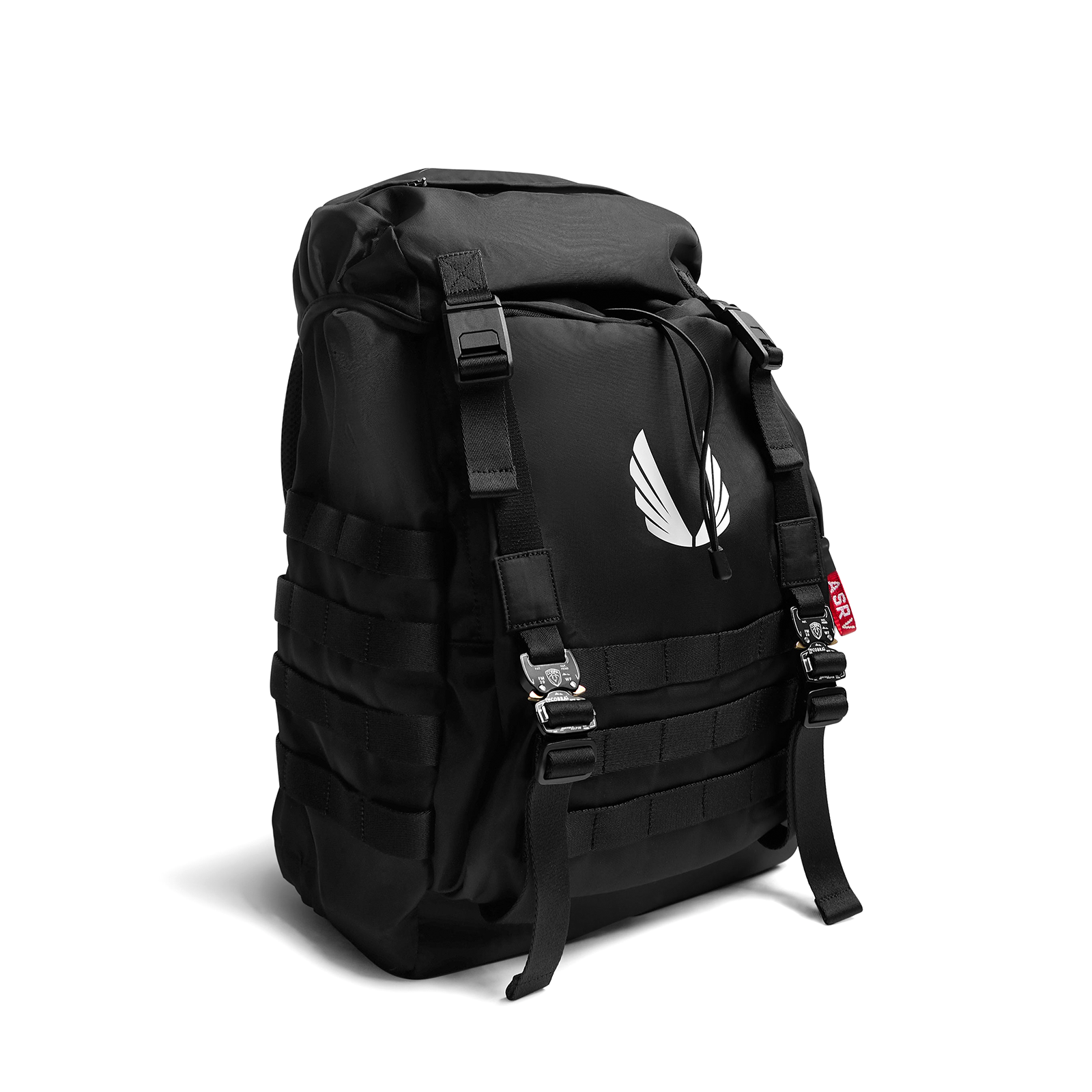 Flatlay Waterproof MOLLE Backpack in black, front view