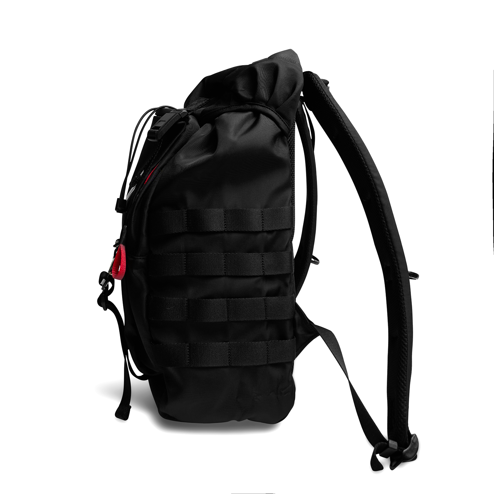 Flatlay Waterproof MOLLE Backpack in black, side view