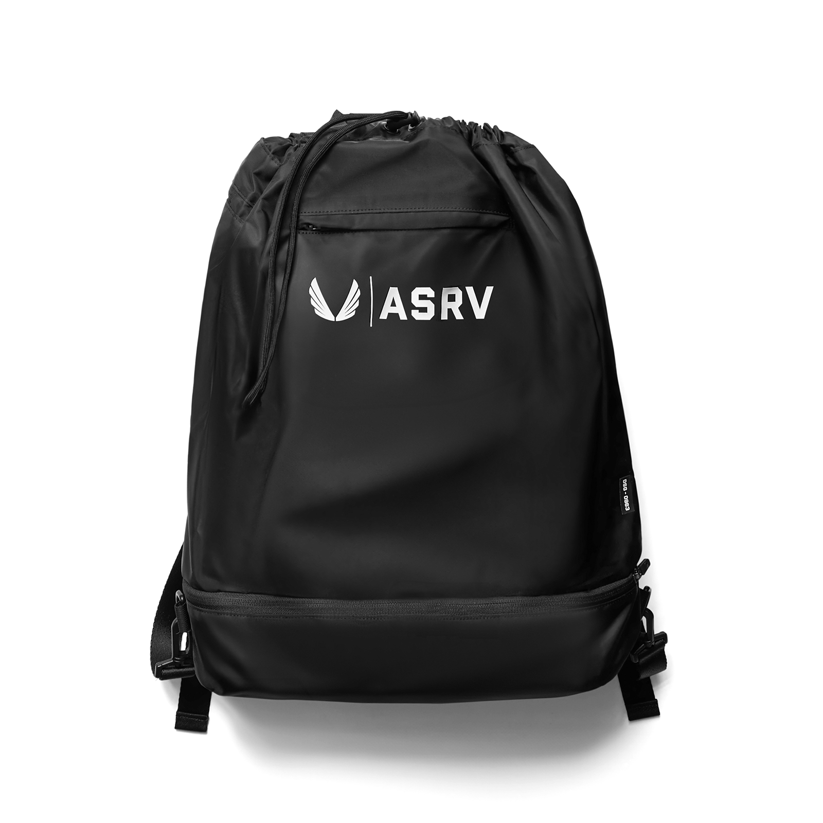 Flatlay ASRV Waterproof Drawstring Rec Bag in black, front view