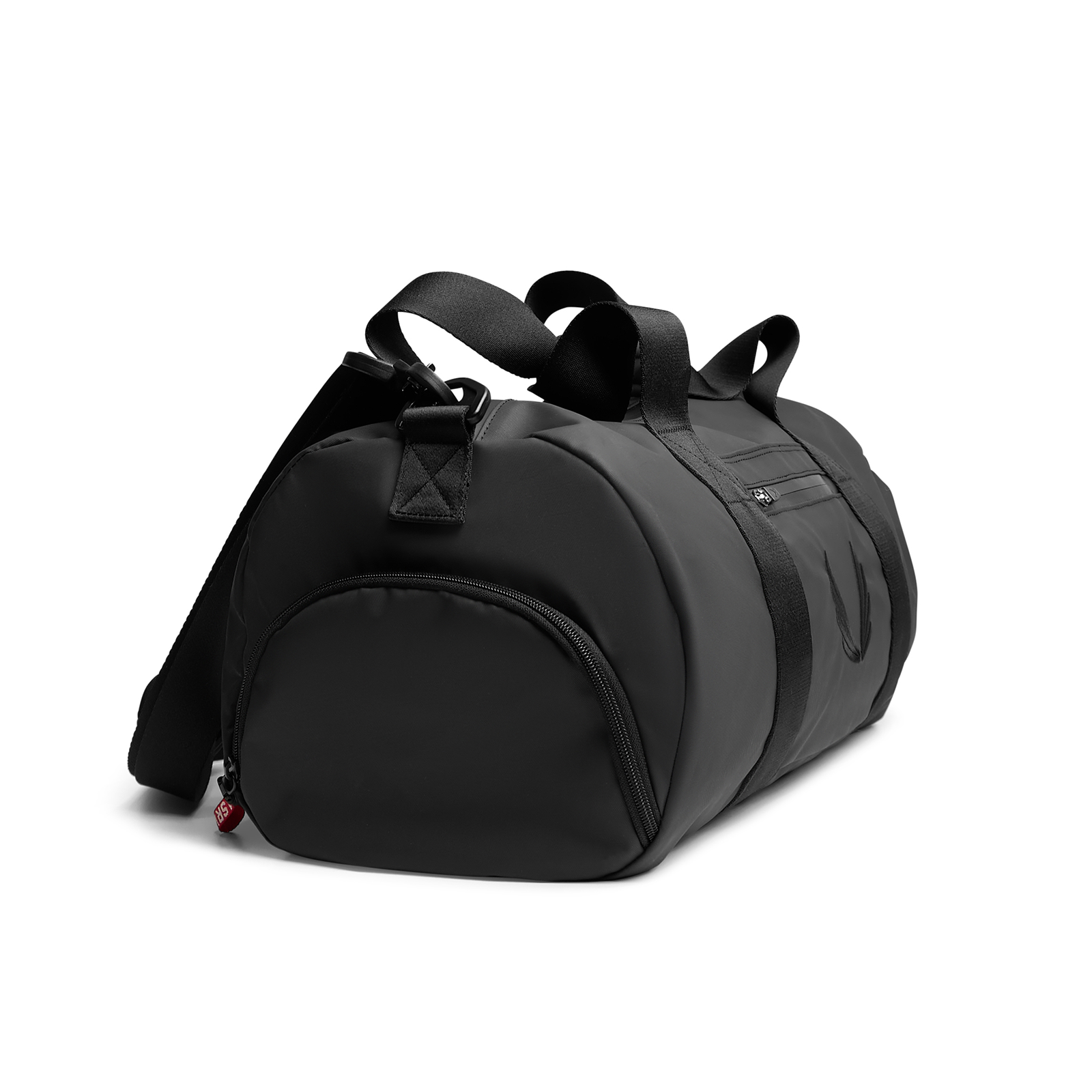 Flatlay 0964 Barrel Gym Duffle Bag 30L in black, angled front view