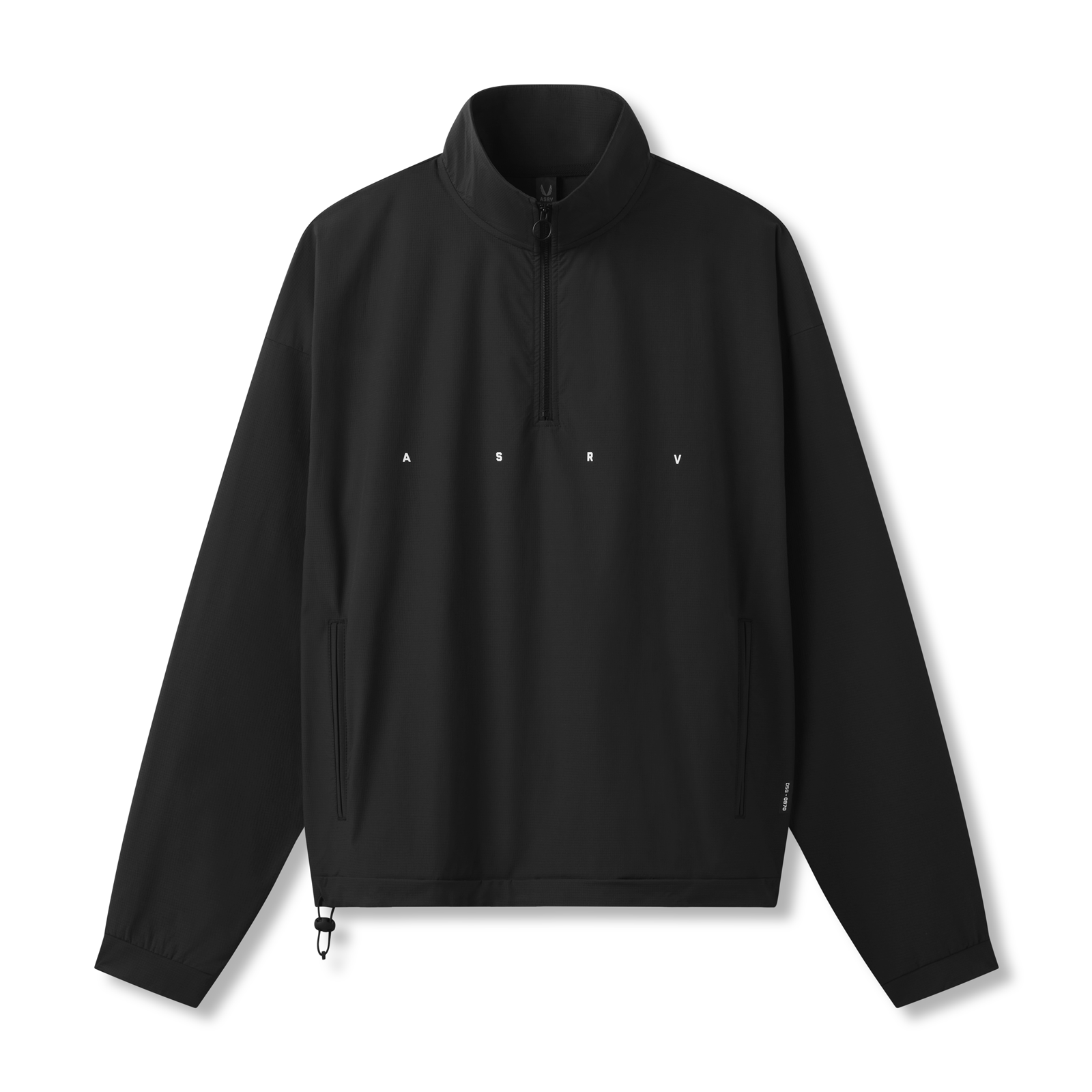 flatlay of black ripstop quarter zip jacket with ASRV logo, front view