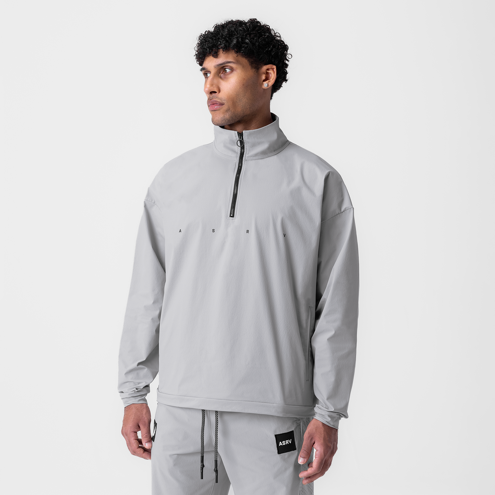 Ripstop Quarter Zip Jacket in slate grey worn by model, front view