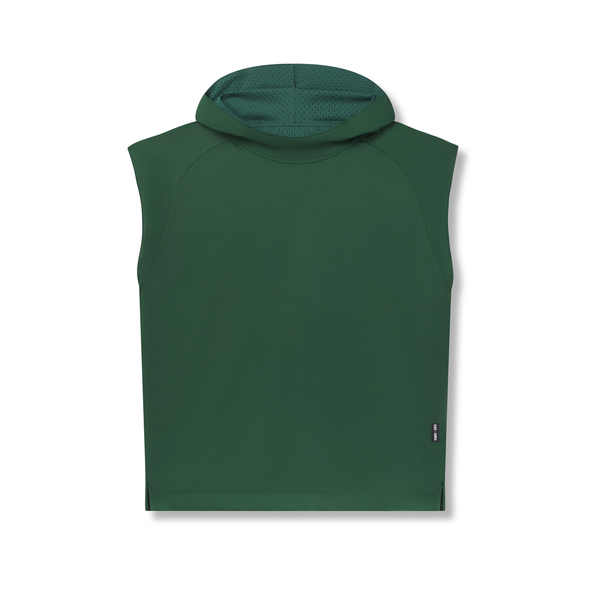 Flatlay of reversible 2-in-1 cutoff hoodie in forest green, front view