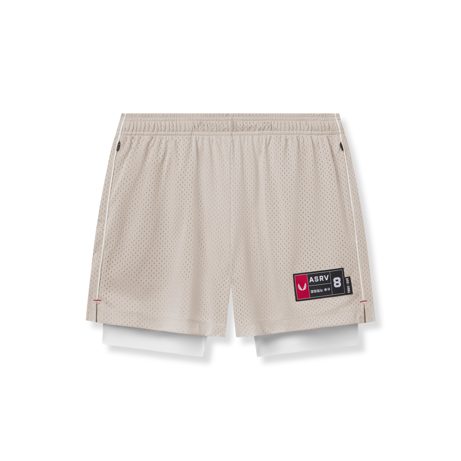 flatlay Ion-Mesh 5" Liner Short in chai, front view with layered white undershort visible