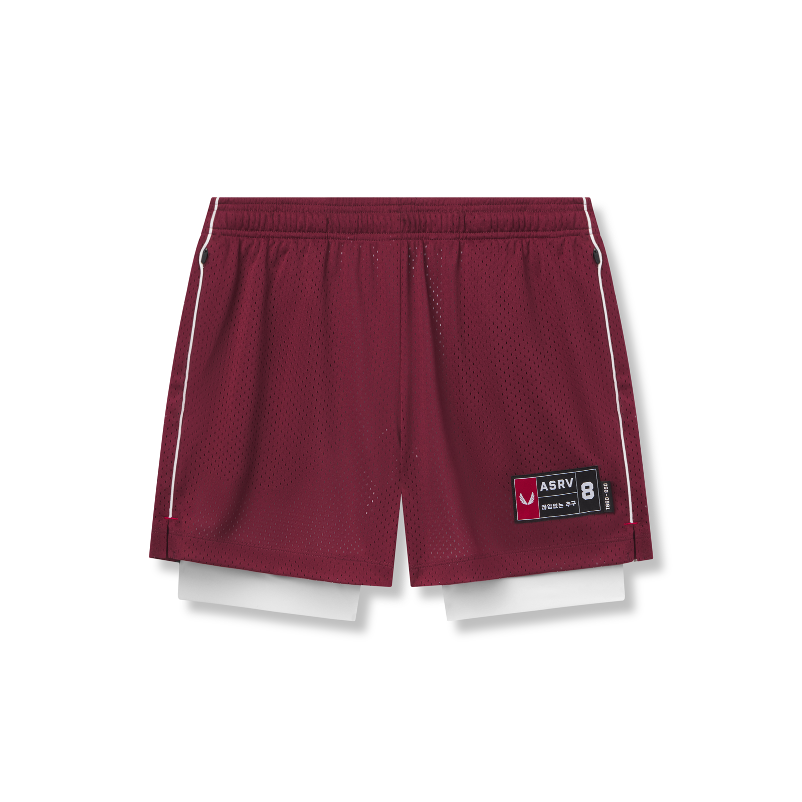 flatlay Ion-Mesh 5" Liner Short in crimson with white inner shorts, front view