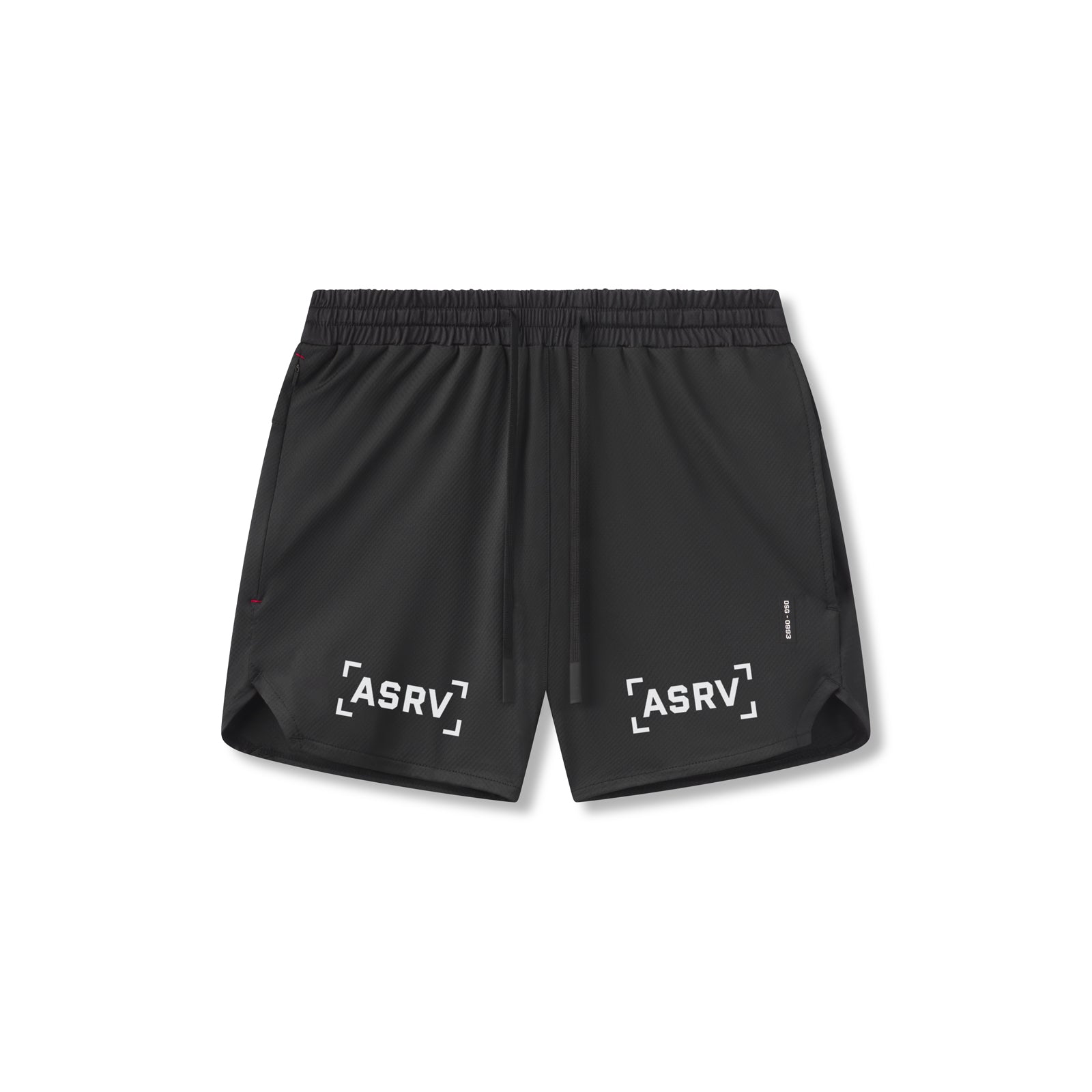 Flatlay of ASRV AeroSilver 5" Linerless Shorts in black with white bracket logo, front view