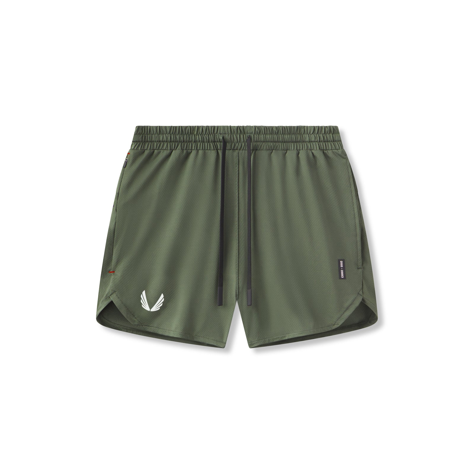 flatlay AeroSilver 5" linerless shorts in olive, front view