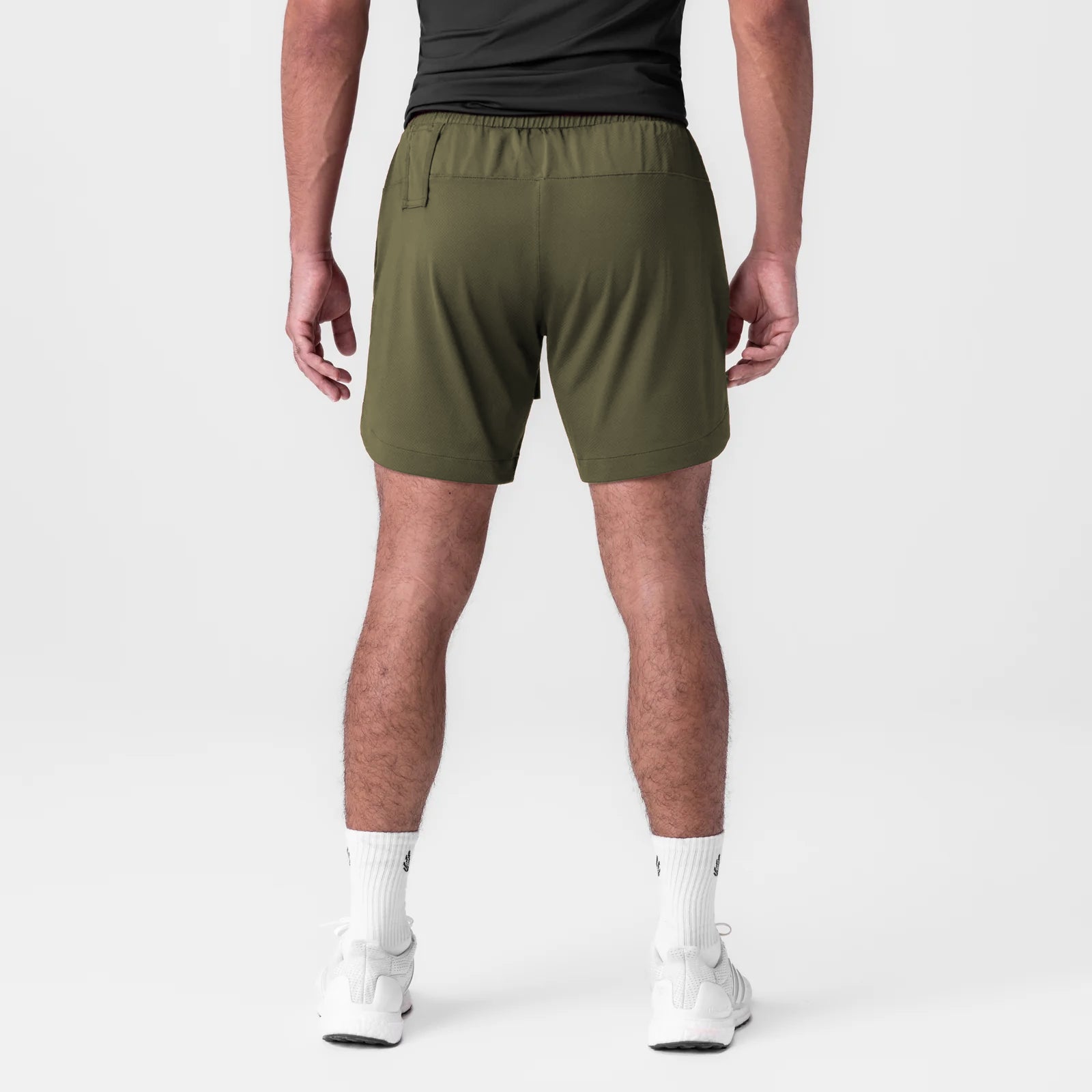 AeroSilver 7" linerless shorts in olive, back view on model