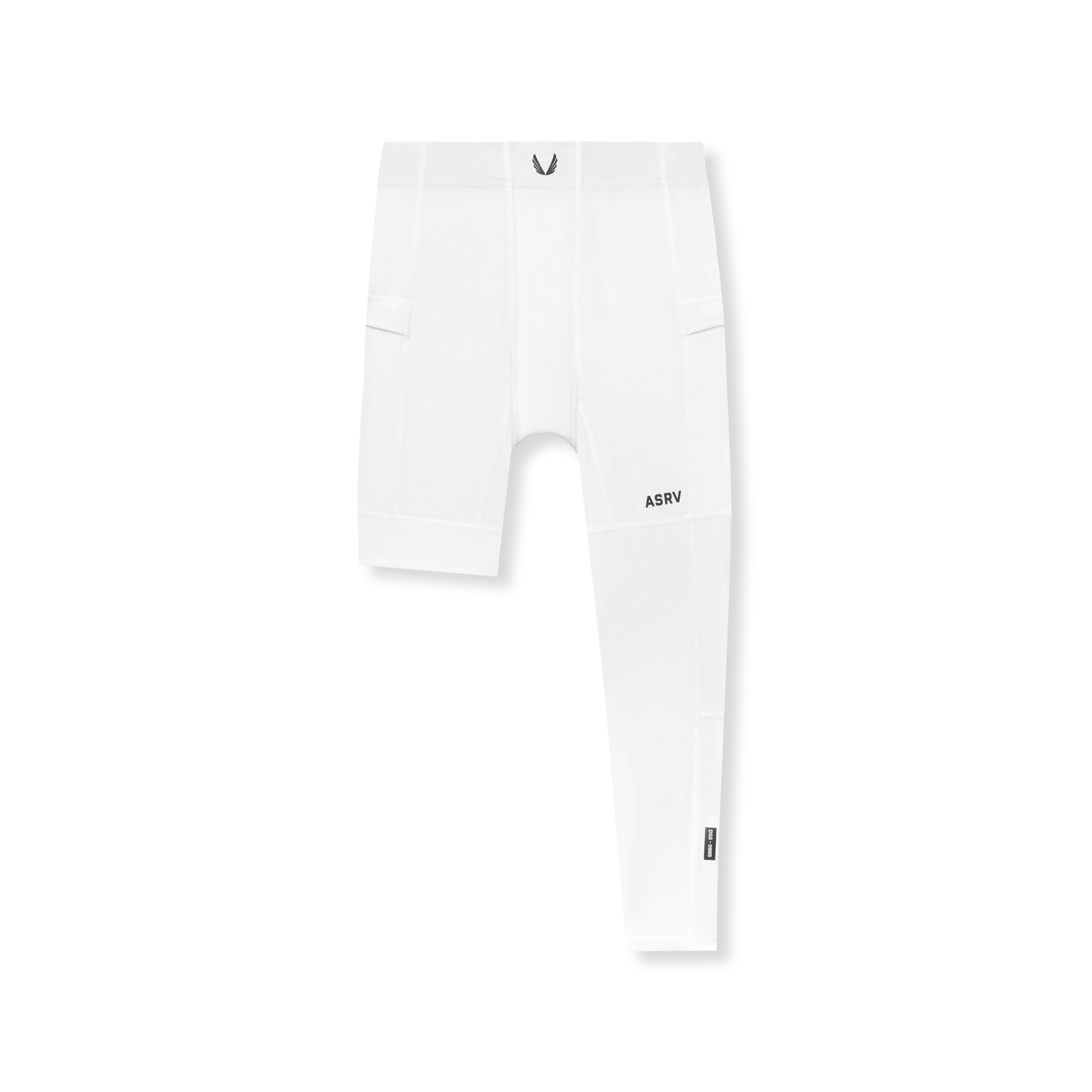 Flatlay of white WarpFlexx-Lite single legging with shorts overlay, shot from above