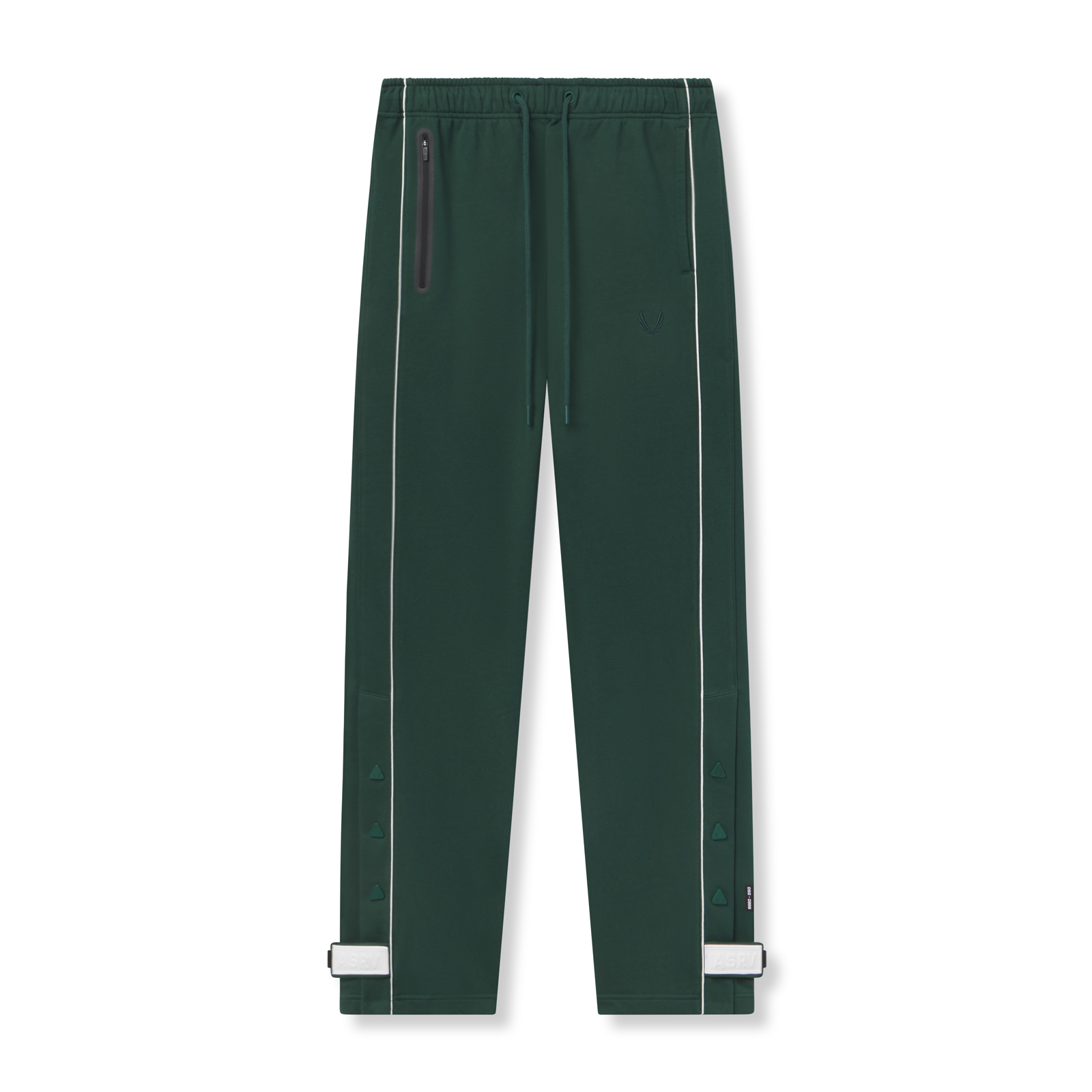 flatlay Herringbone Terry Snap Button Sweats in forest green with white cuff details, front view