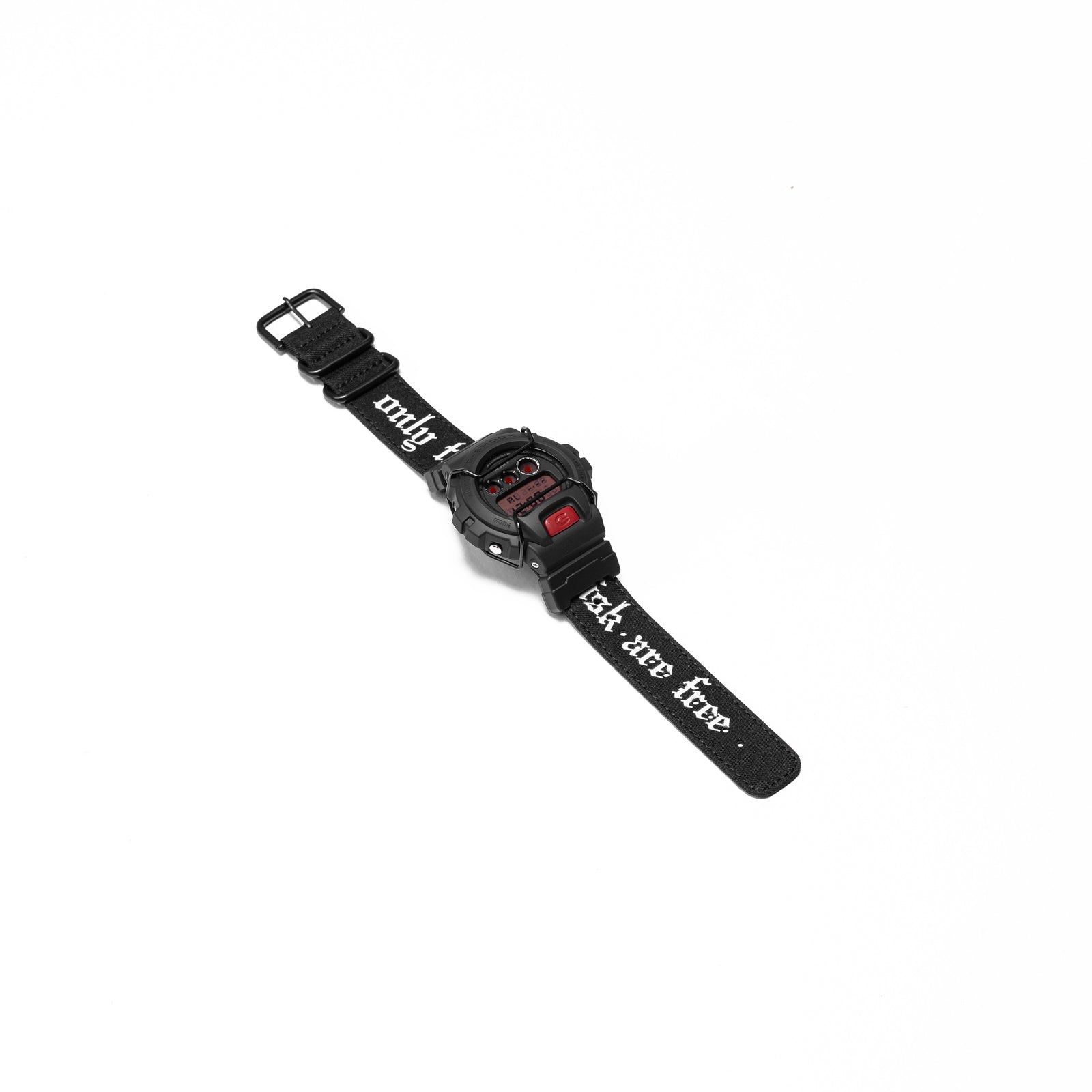 of ASRV x G-SHOCK DW6900 digital watch in black with red accents, angled view