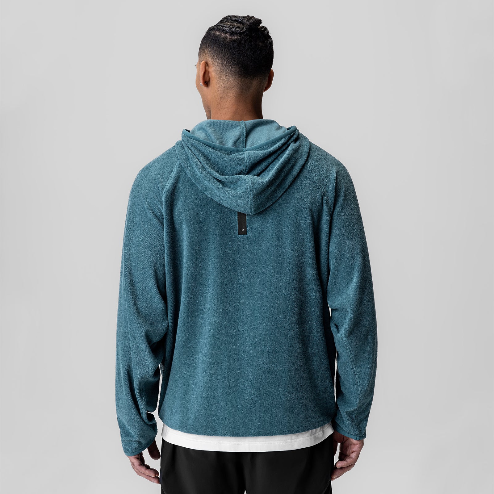 Towel Terry Reversible Hoodie in storm blue, back view on model