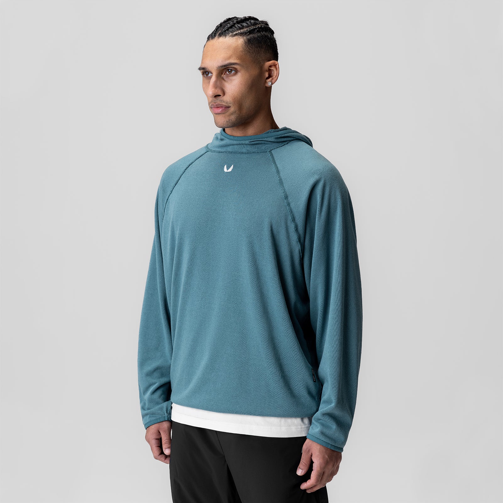 Towel Terry Reversible Hoodie in storm blue, worn by model, front-facing pose