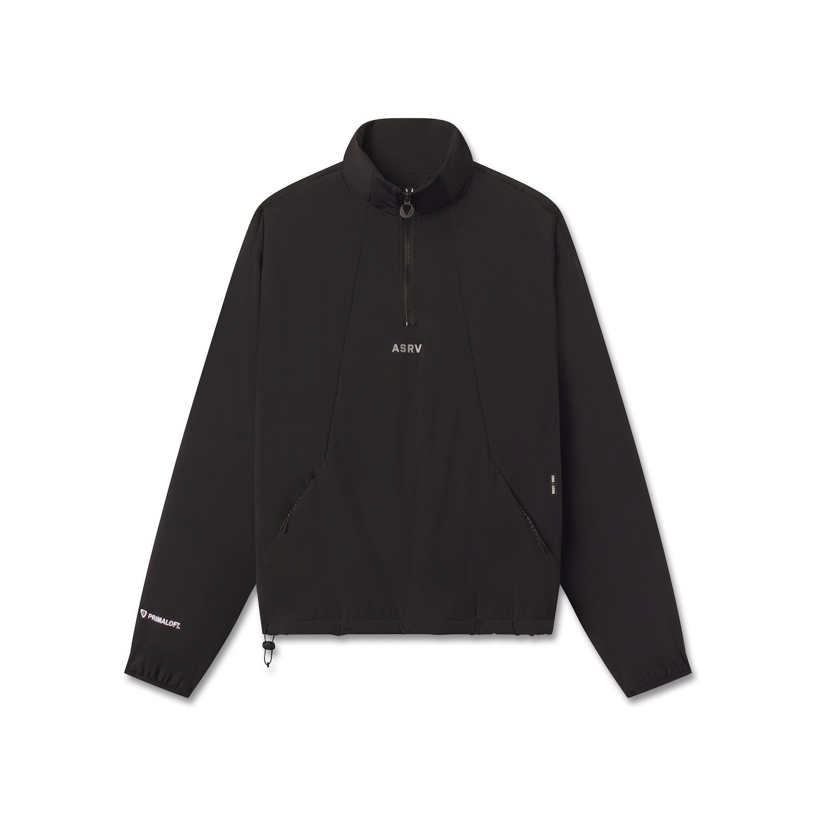 flatlay ASRV Aerotex PrimaLoft Quarter Zip jacket in black, front view