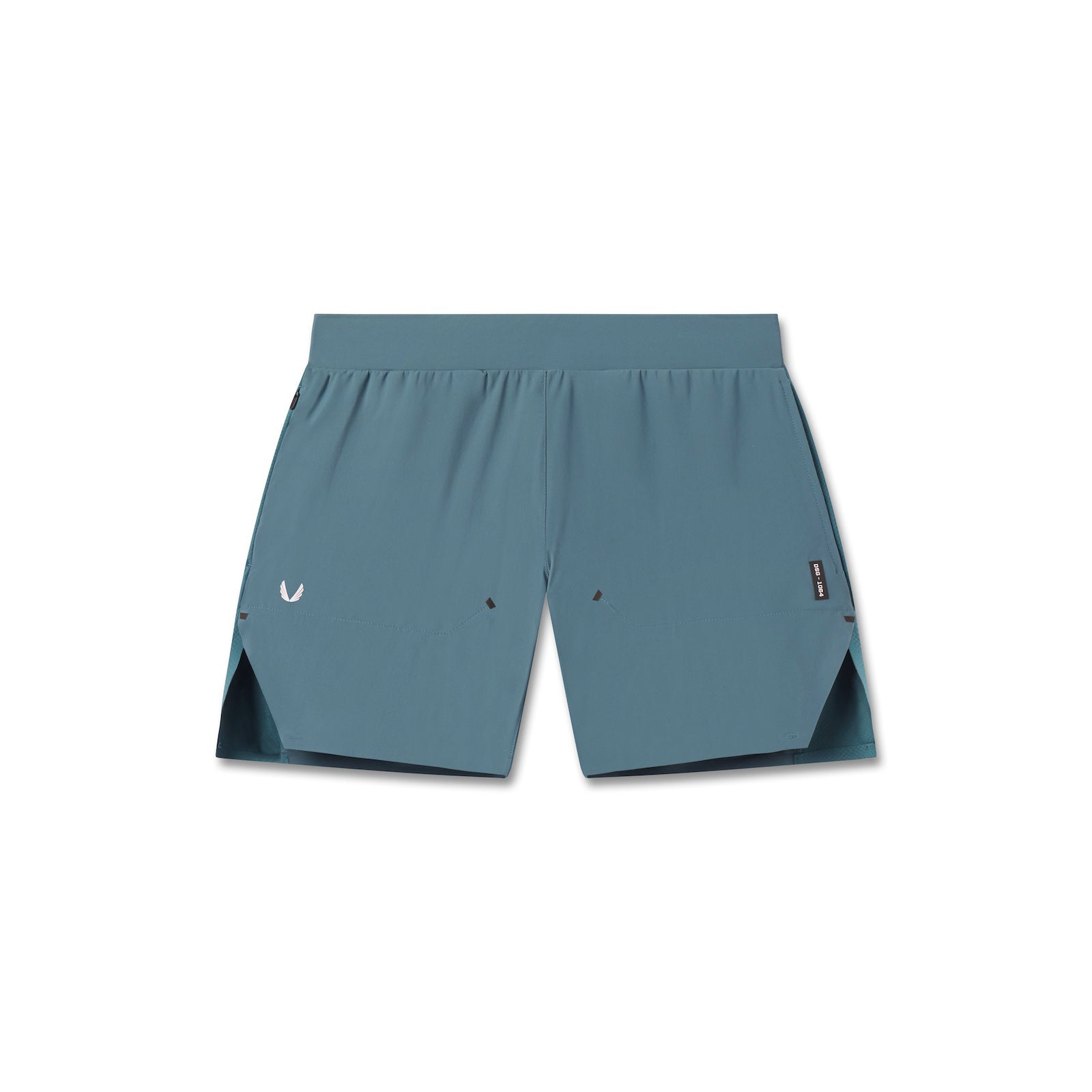 flatlay Tetra-Lite® 6" Bonded Training Short in storm blue with black side panels, front view