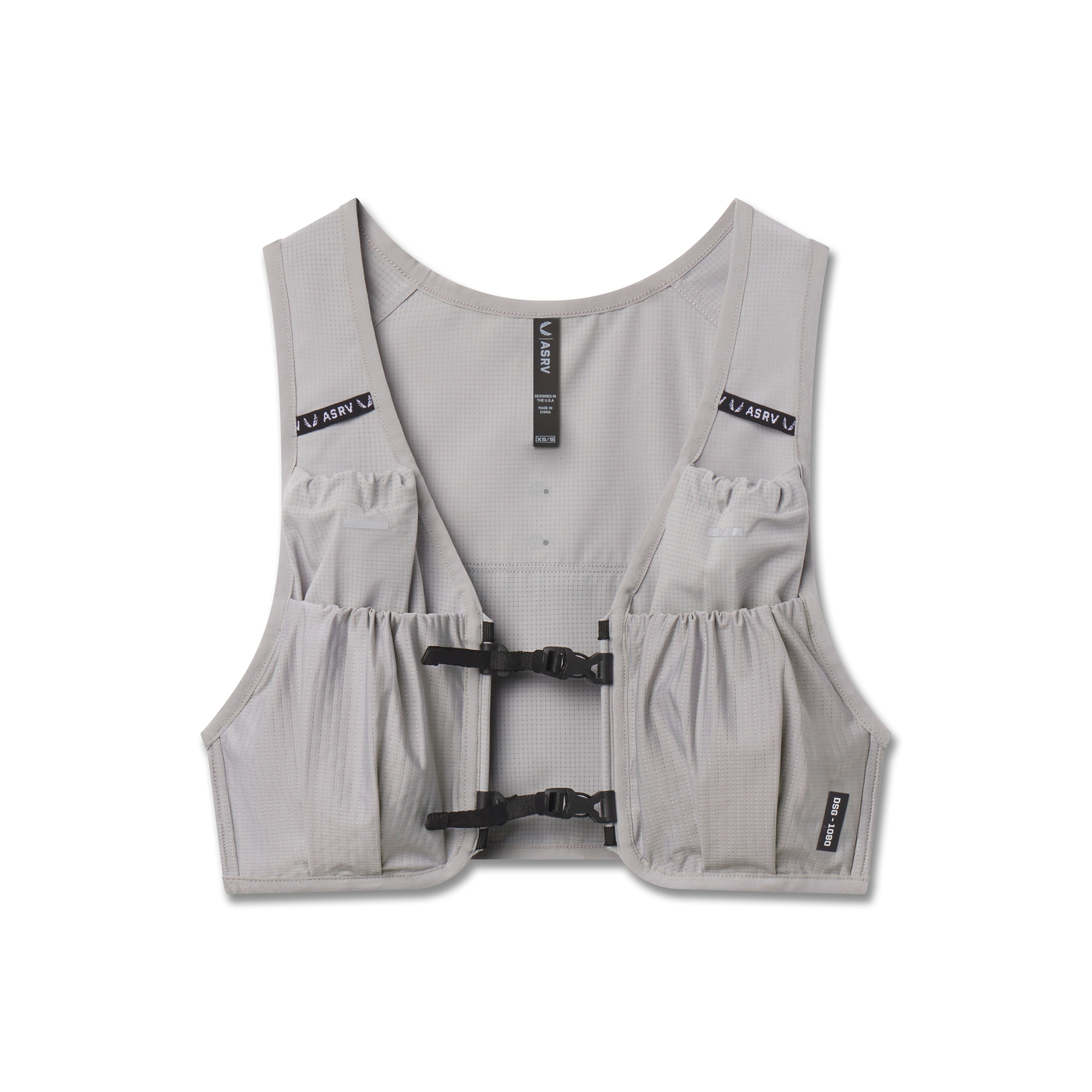 Flatlay ASRV 1080 Run Pack vest in slate grey, front view