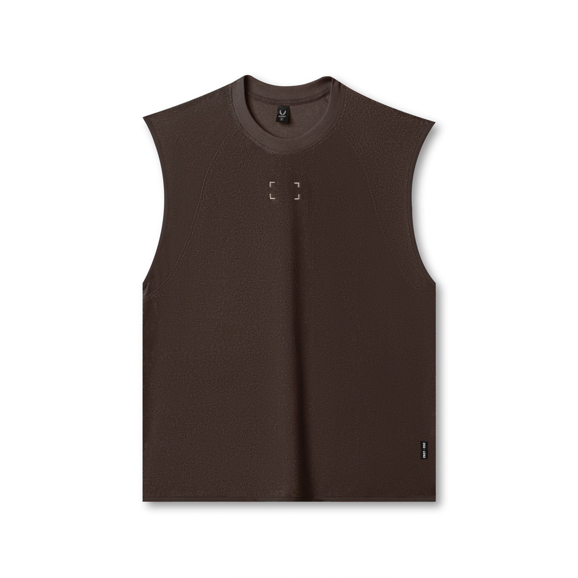 flatlay Towel Terry Cutoff sleeveless tank in dark earth, front view