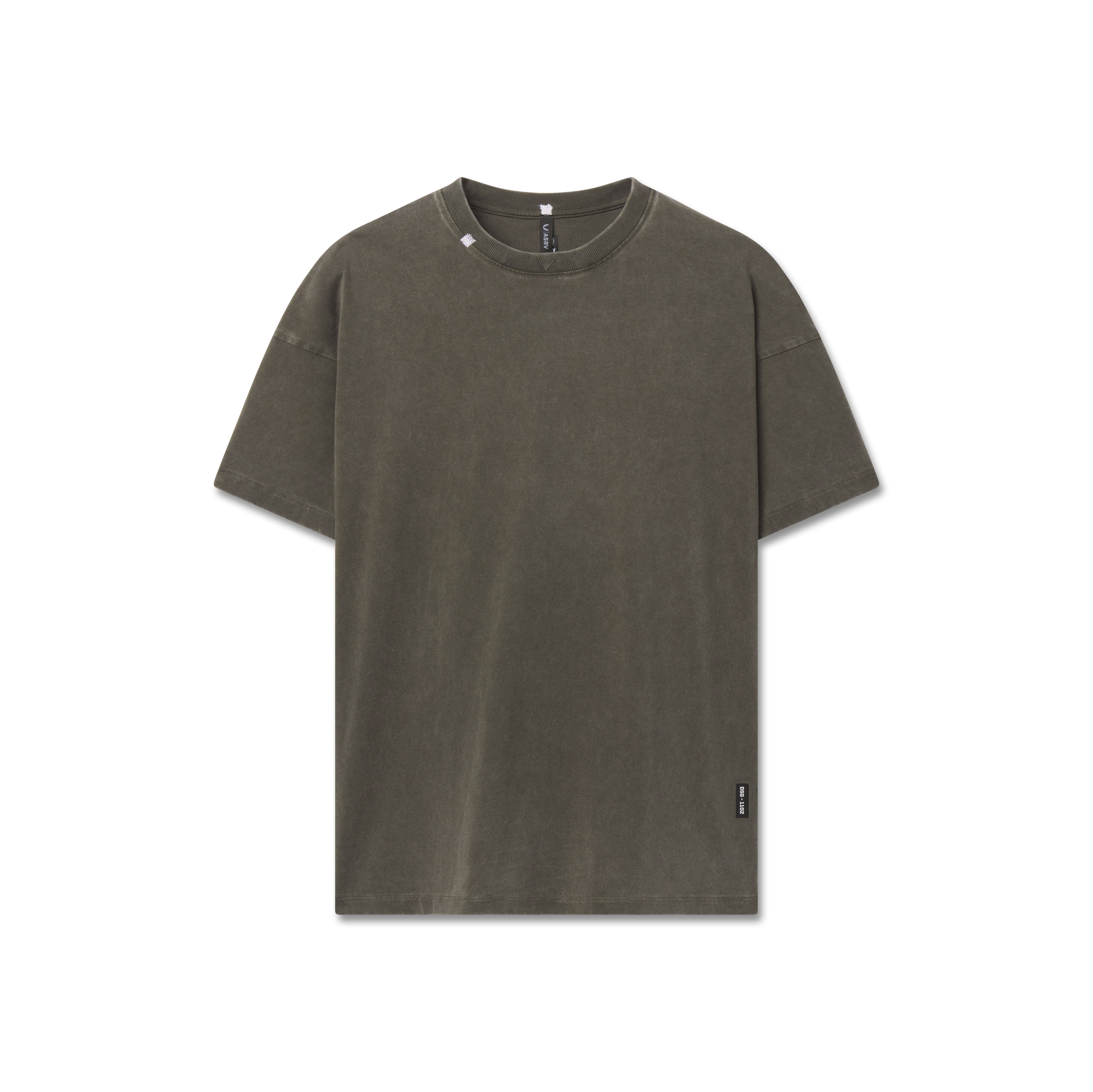 Flatlay of distressed relaxed tee in olive, front view on white background