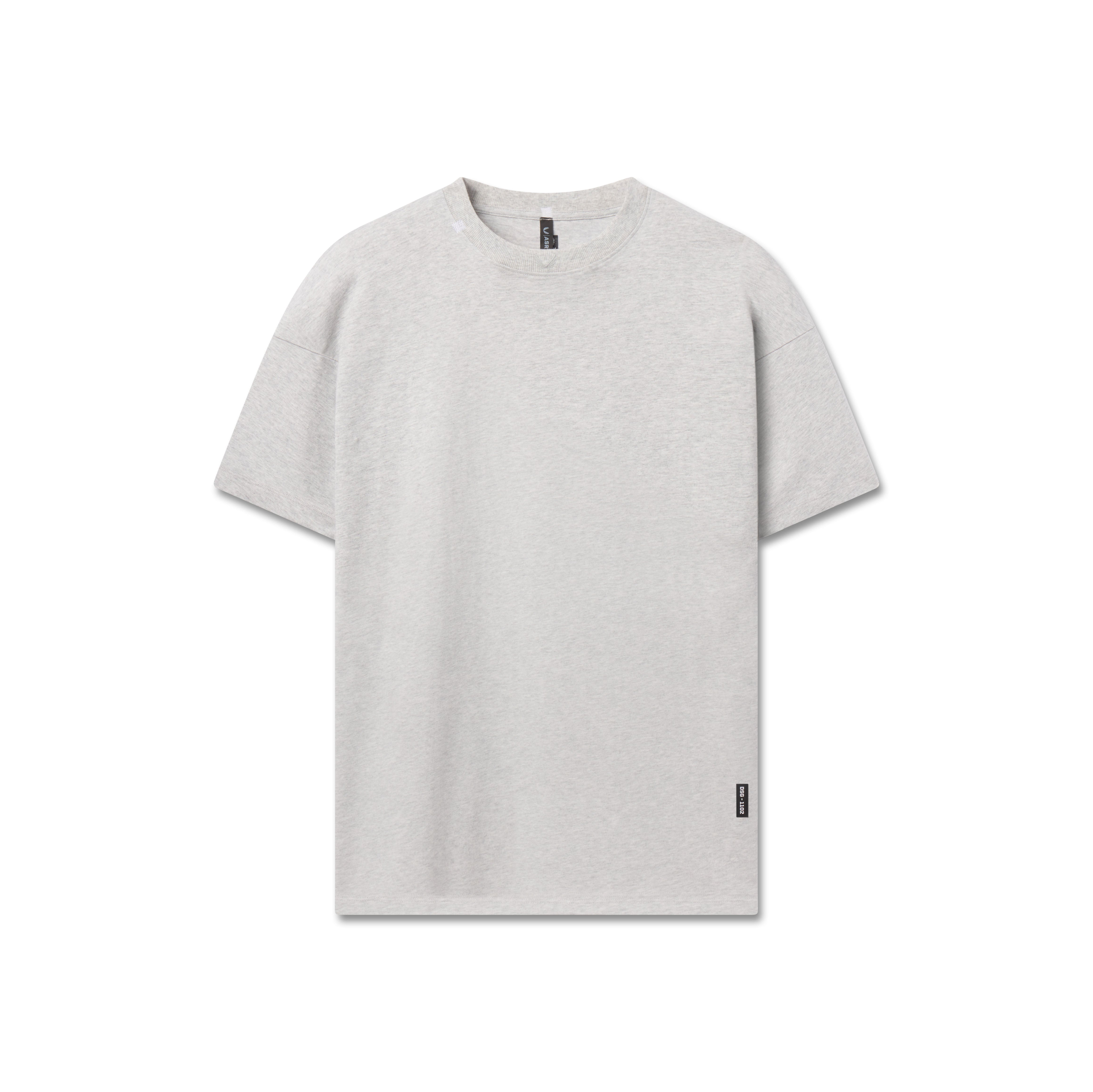 Flatlay of distressed relaxed tee in heather grey, front view