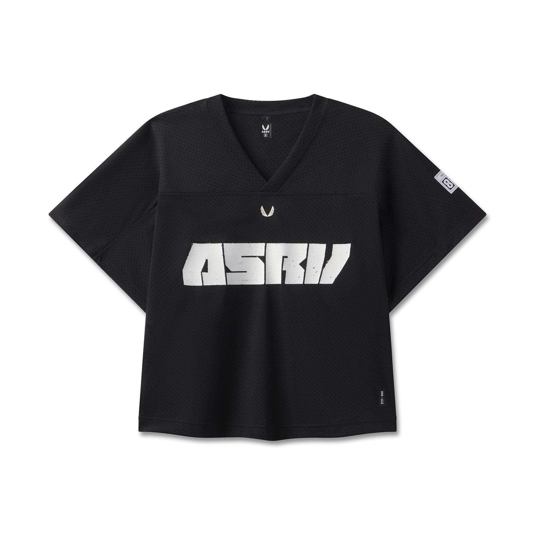 ASRV Ion-Mesh Crop Jersey in black with white logo, front view