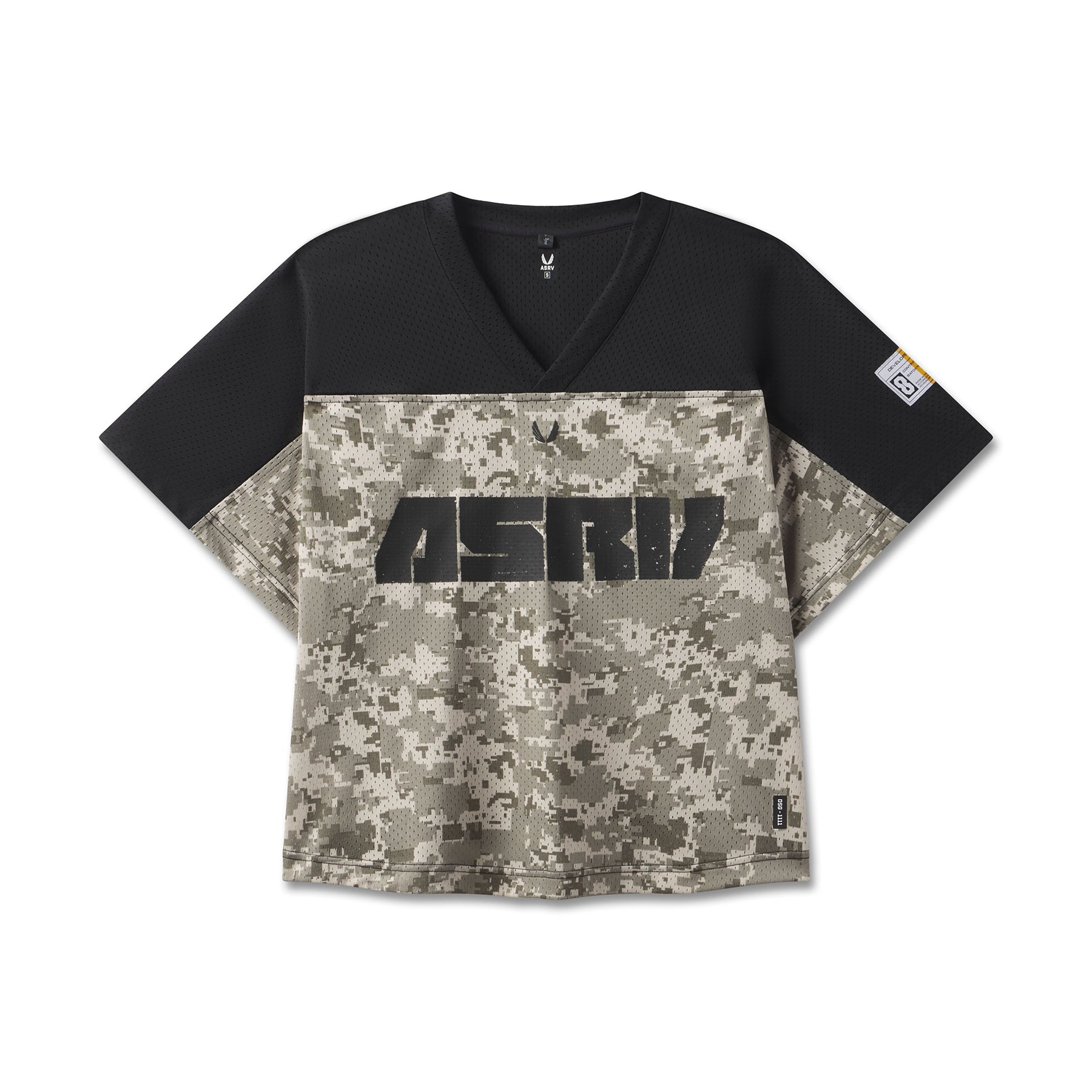 ASRV Ion-Mesh Crop Jersey in digital camo and black, front view on model