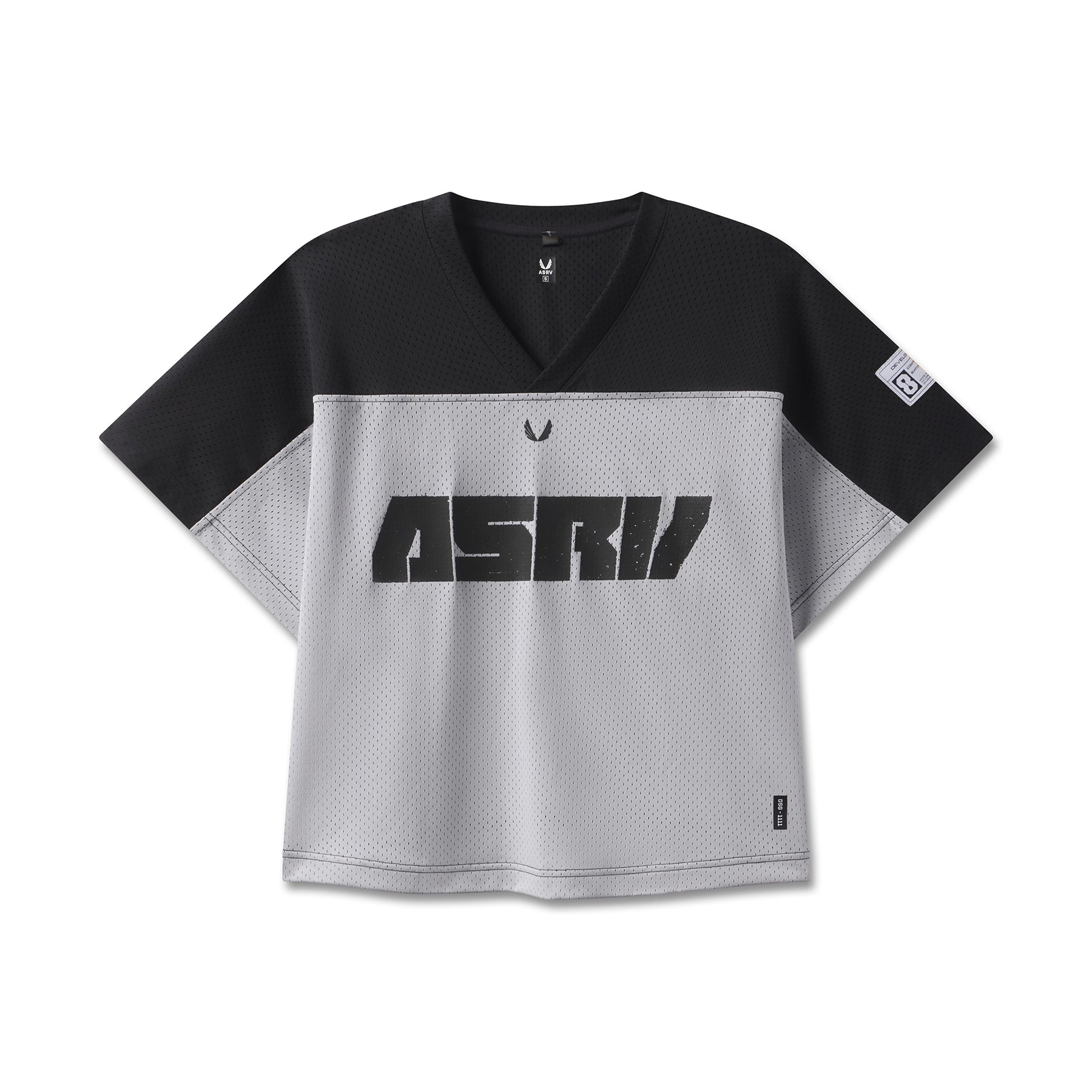 flatlay ASRV Ion-Mesh Crop Jersey in slate grey and black, front view