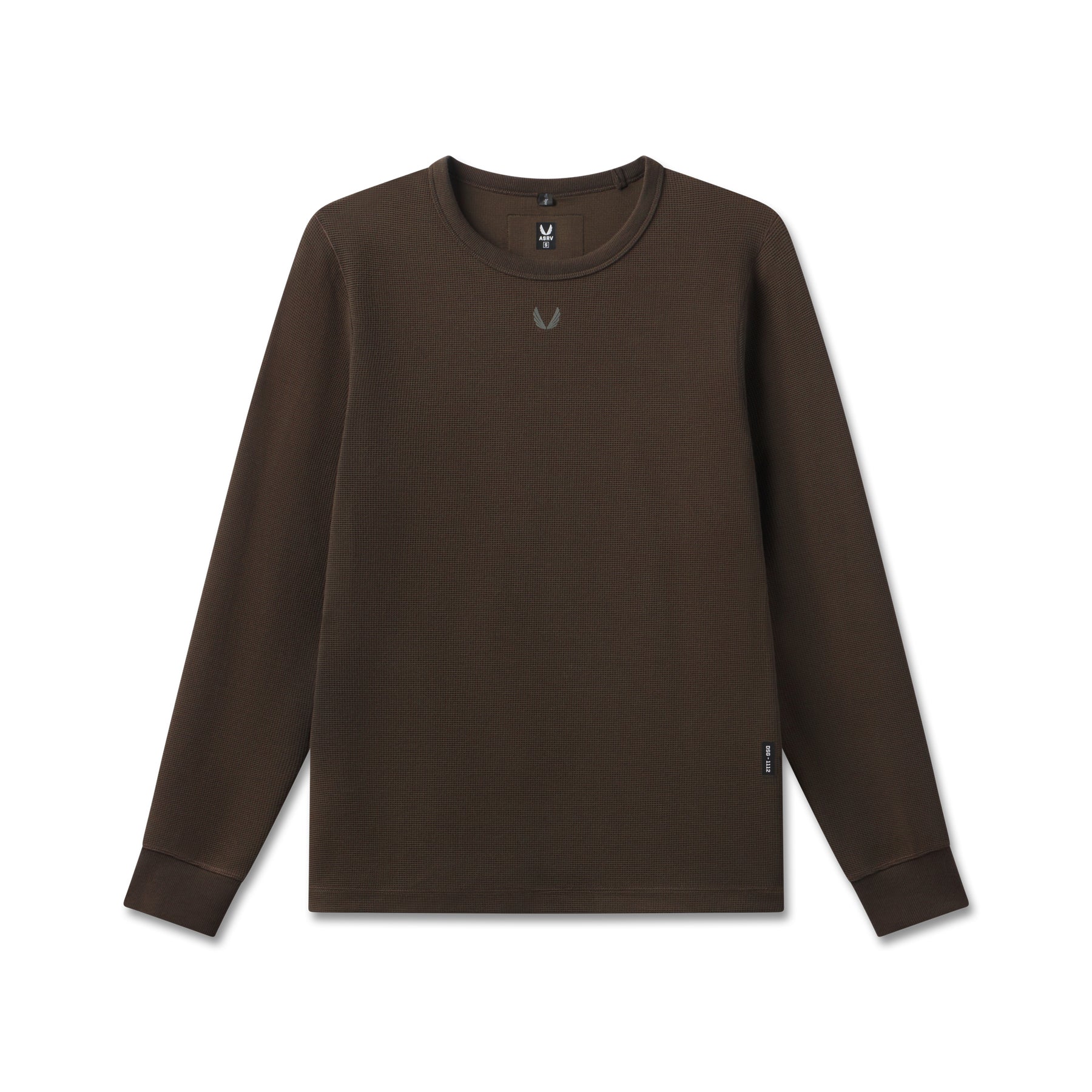 Flatlay of waffle knit longsleeve in dark earth brown, front view