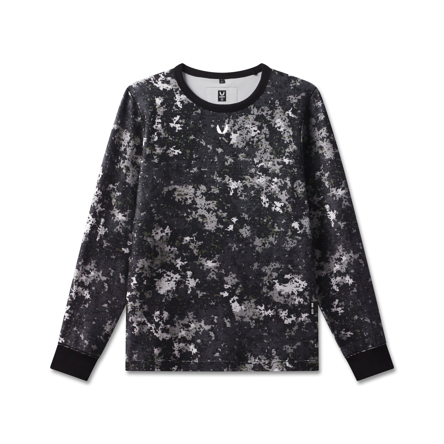 Flatlay of waffle knit longsleeve in black and white pixel camo pattern, front view