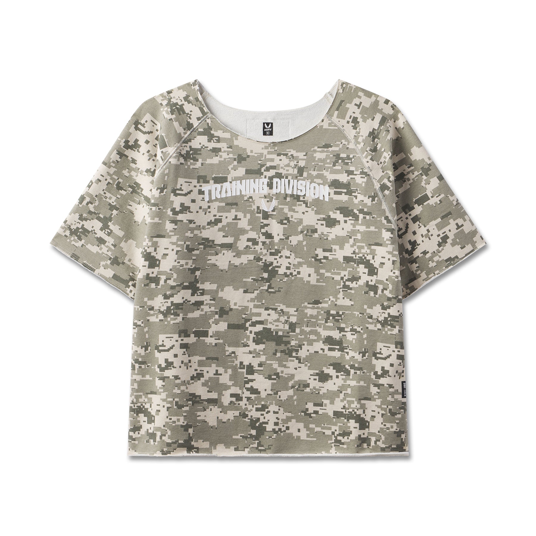 flatlay of Vintage Raw Hem Pump Cover t-shirt in digital camo print, front view