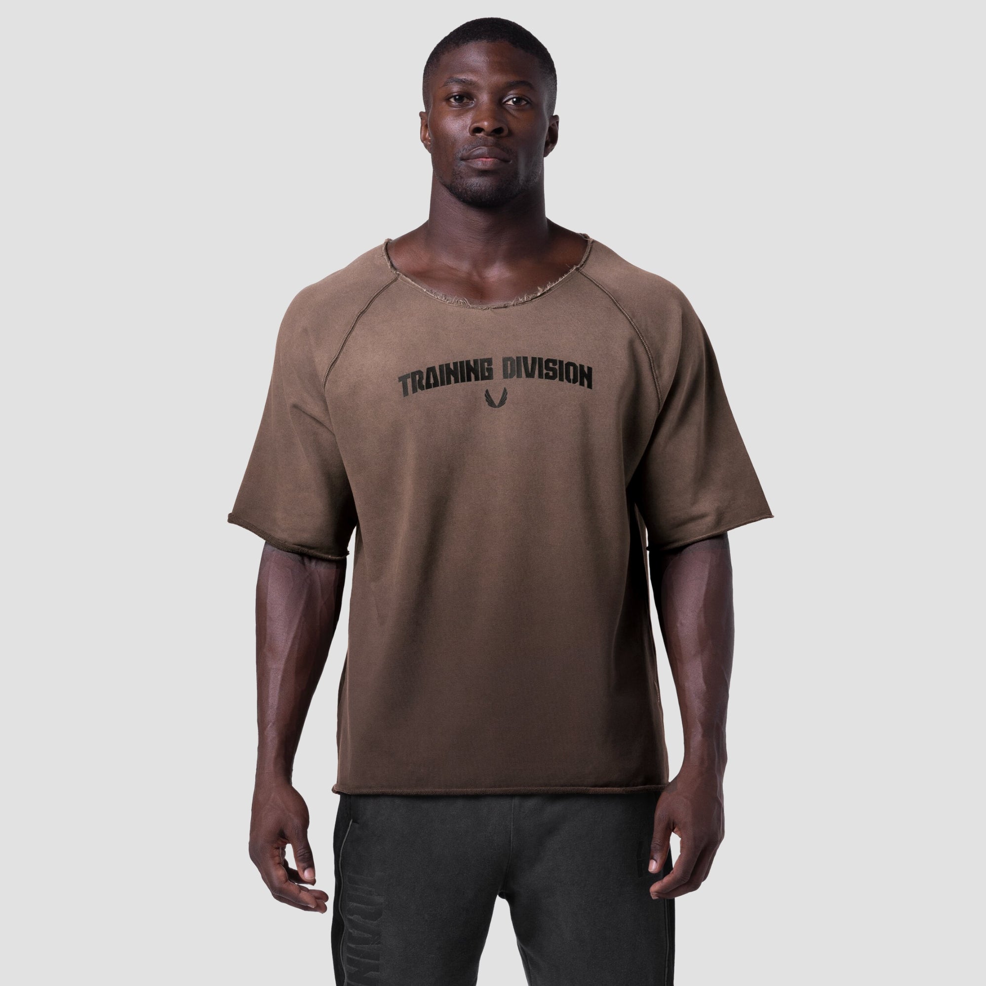 Training Division t-shirt in taupe, worn by model, front view