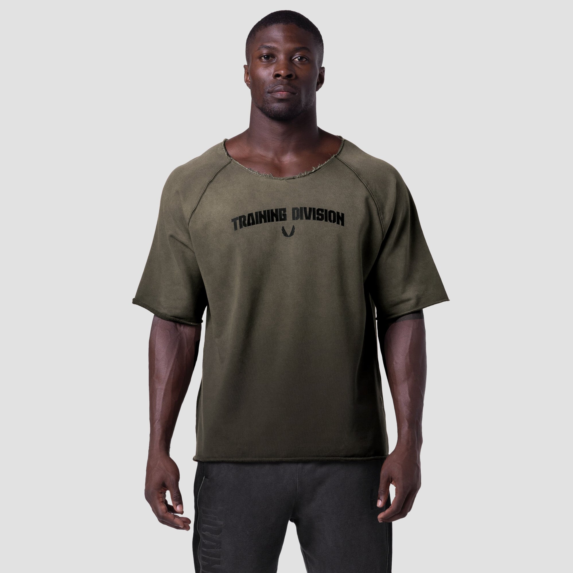 Olive Training Division t-shirt worn by model, front view