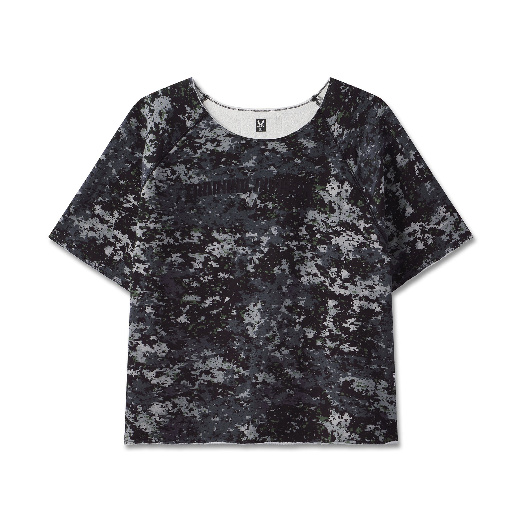 flatlay Vintage Raw Hem Pump Cover in black pixel camo, front view