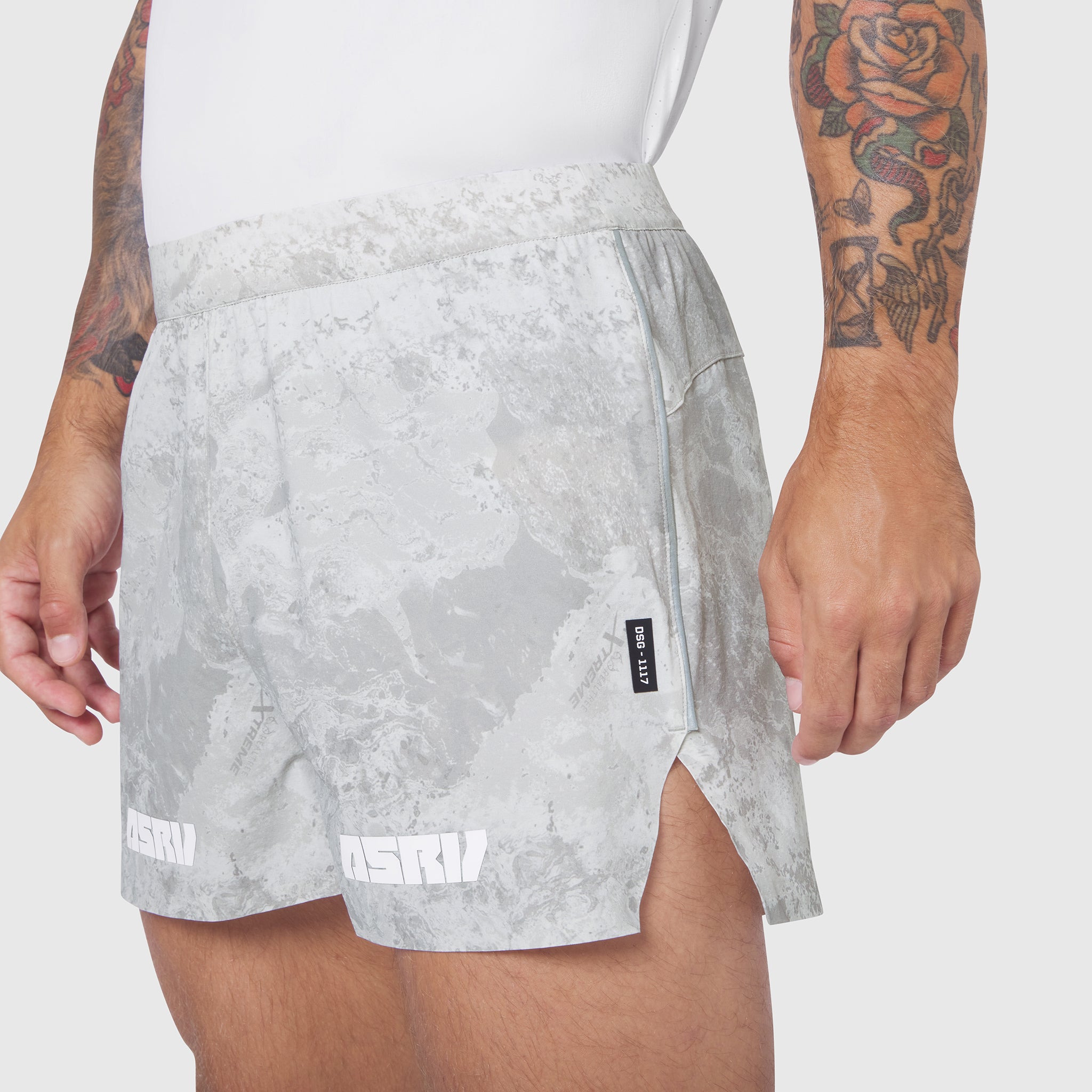 Aerotex™ 3" Distance Short in white camo, worn by model showing back and side view