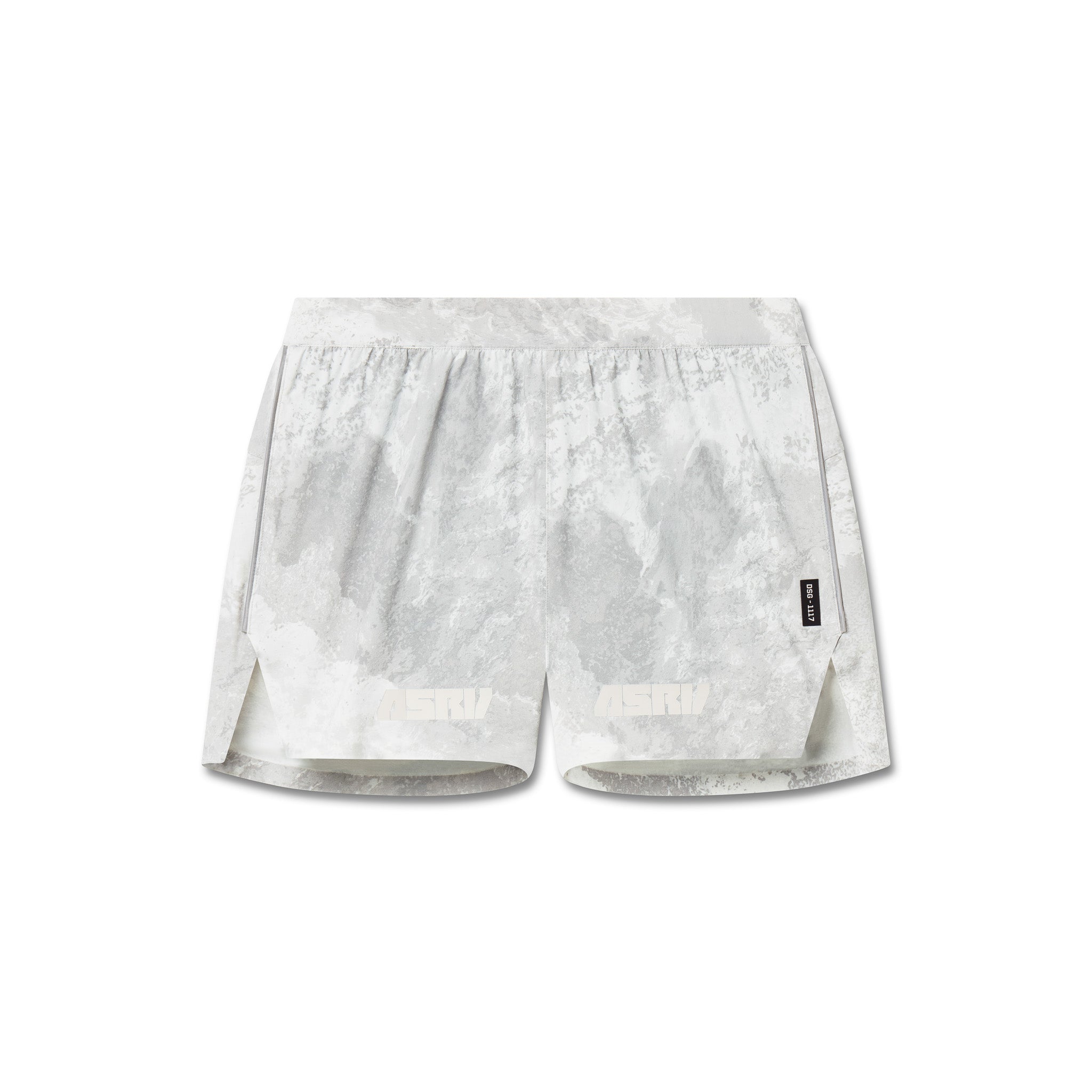 Flatlay of Aerotex Distance Short in white/cream Realtree Blade camo, front view